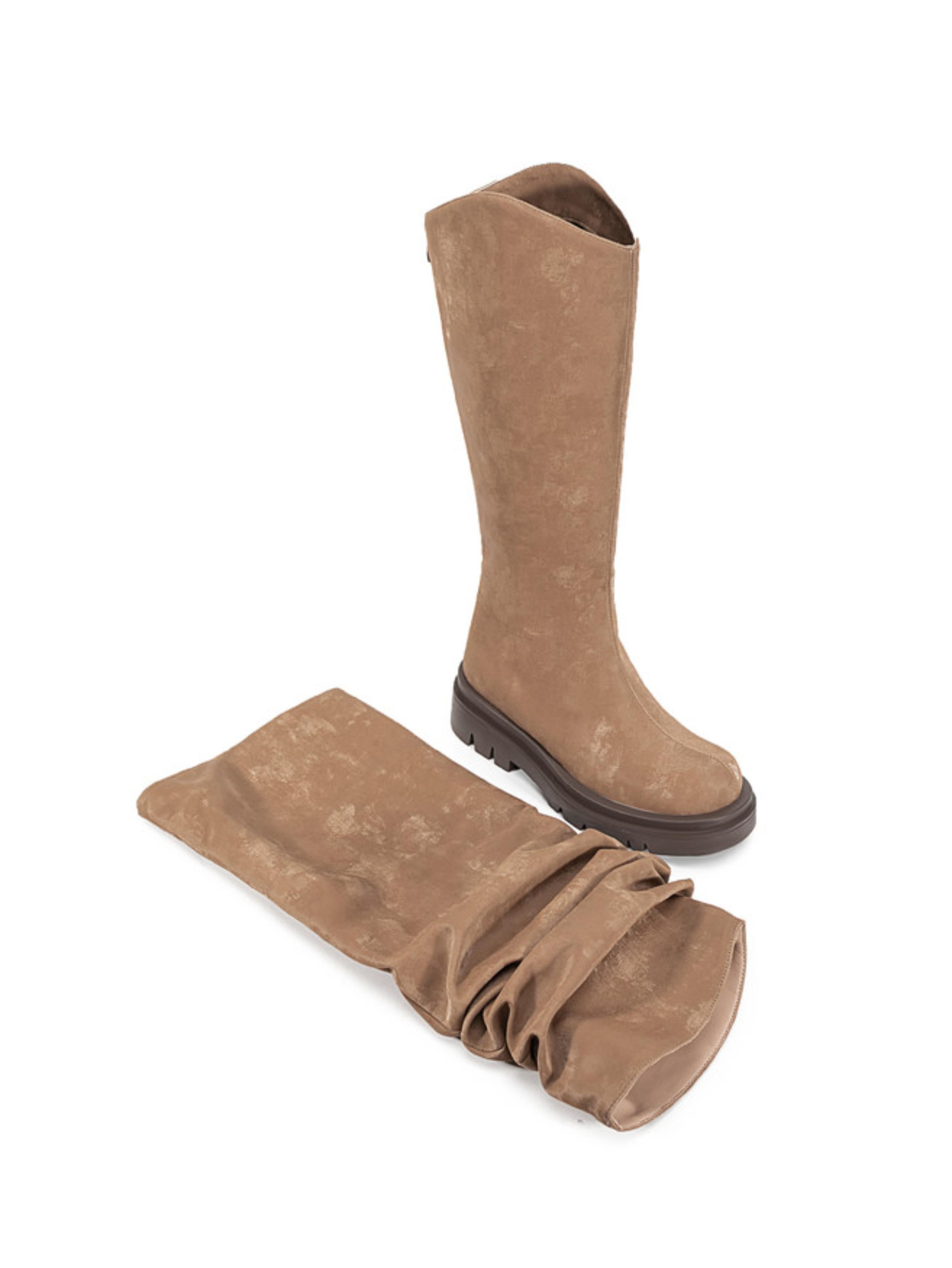 Brown Platform Heel Round Toe Knee-High Boots