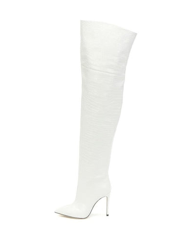 White Faux Leather Thigh-High Heeled Boots for Women