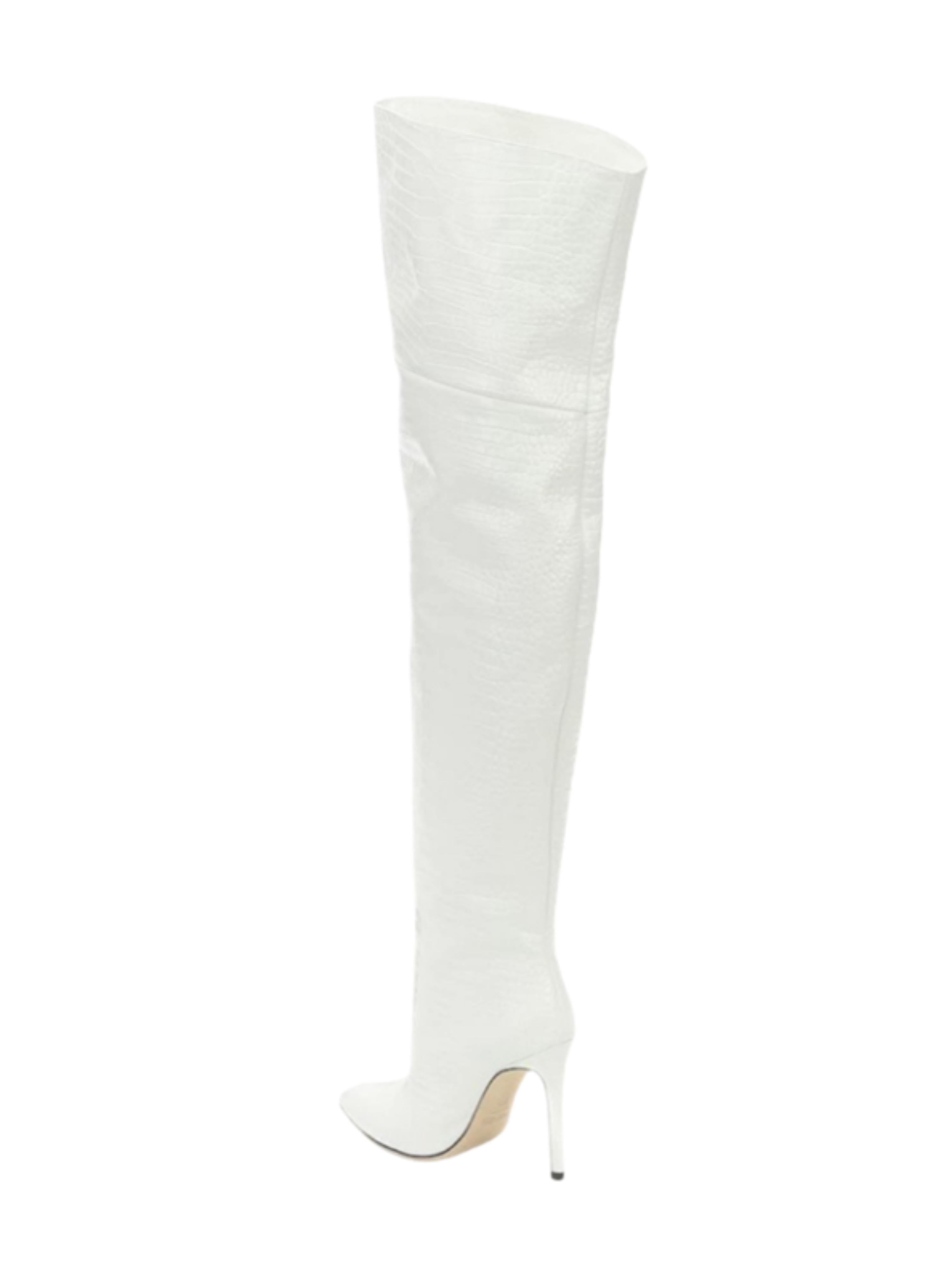 White Faux Leather Thigh-High Heeled Boots for Women