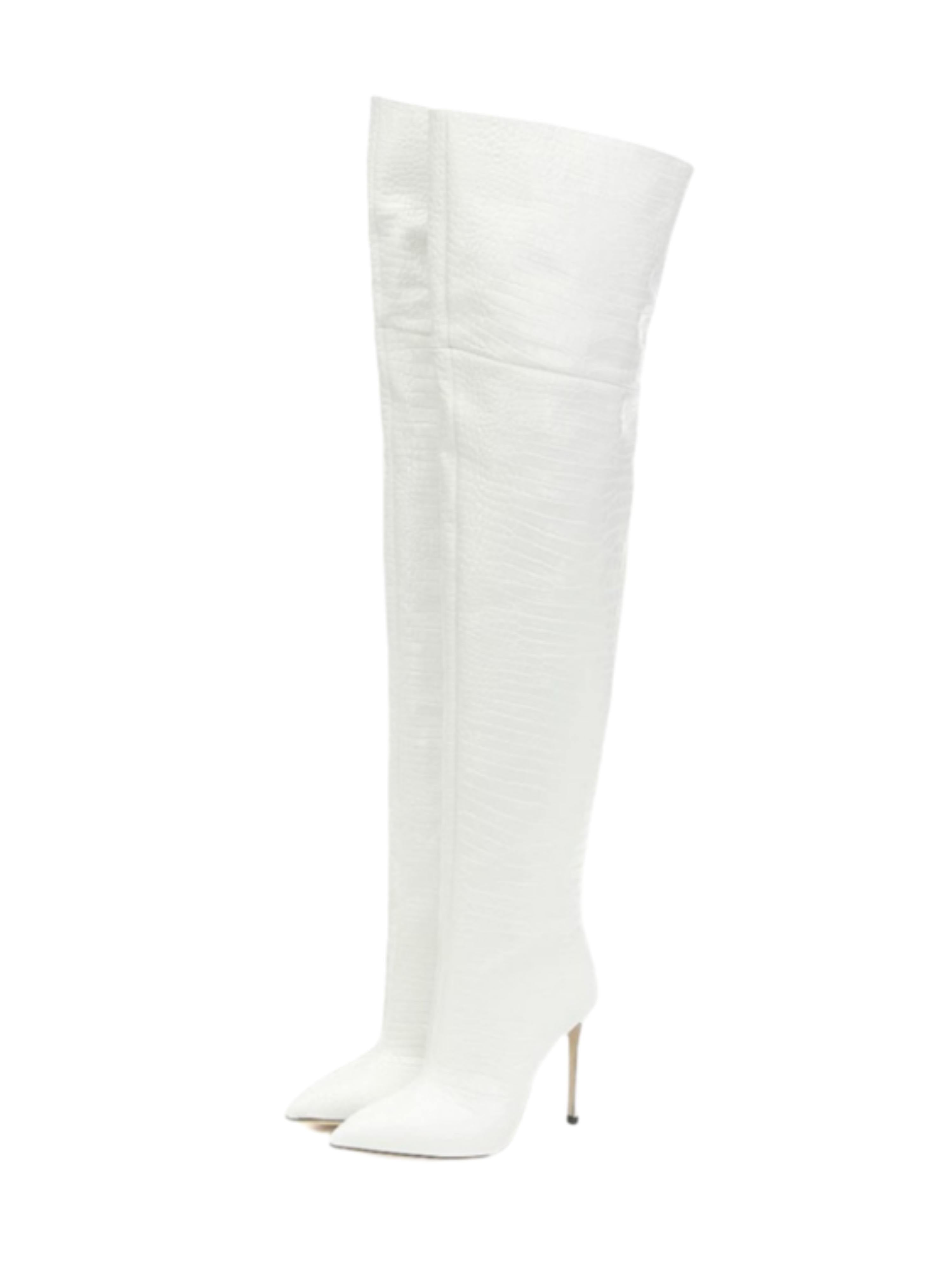White Faux Leather Thigh-High Heeled Boots for Women