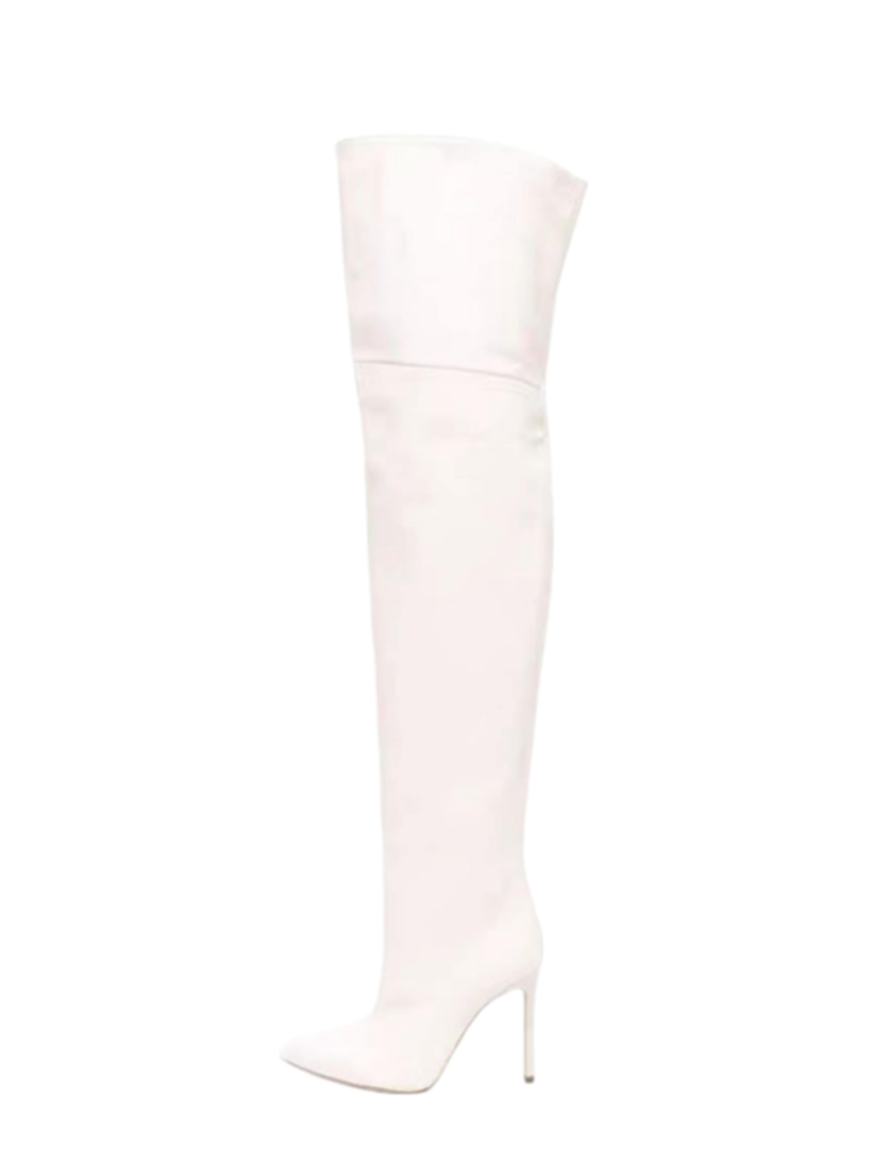White Faux Leather Thigh-High Heeled Boots for Women