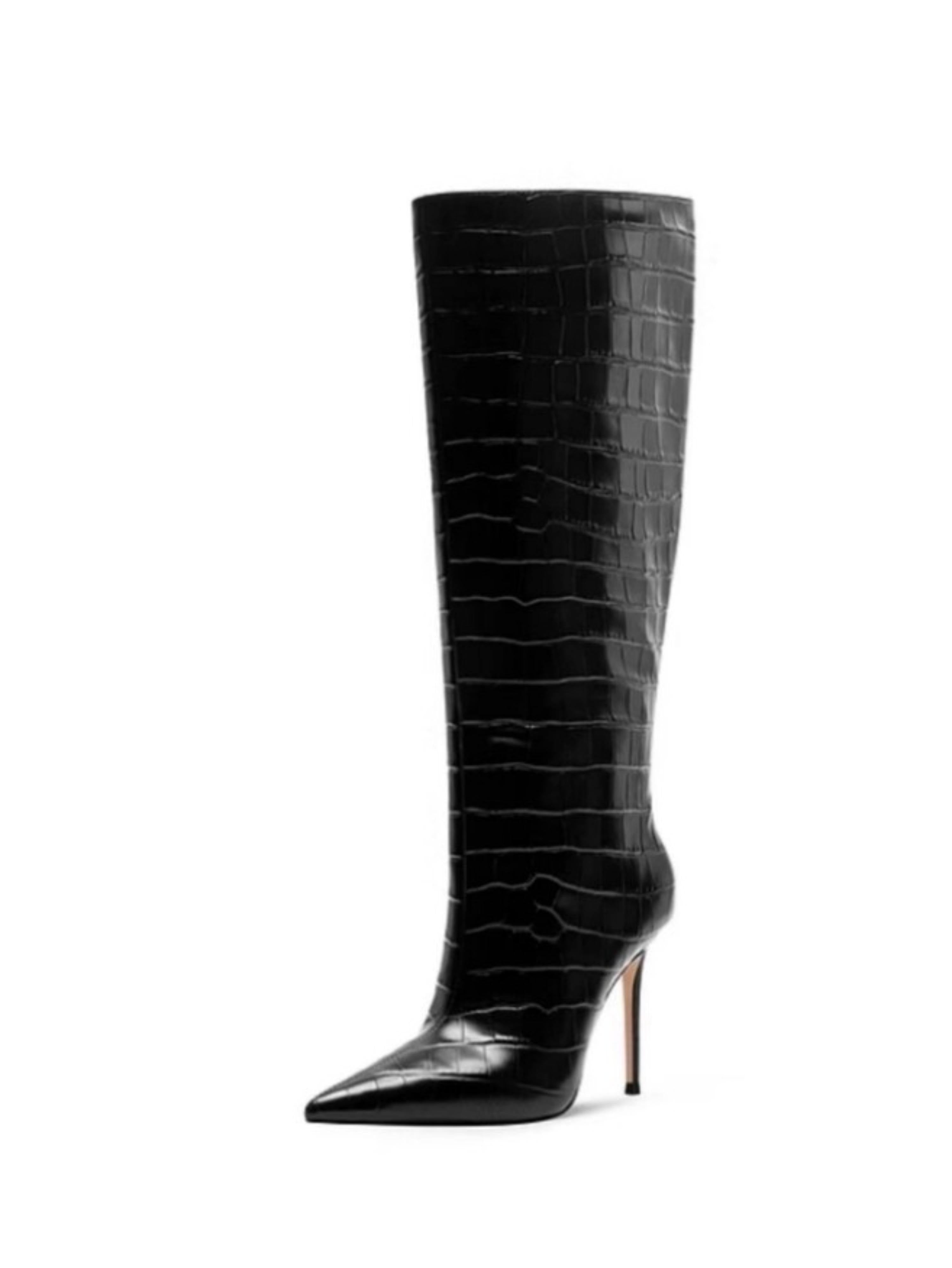 Black Embossed Pointed Toe Stilettos High-Heel Knee-High Boots