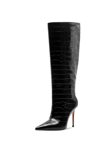 Black Embossed Pointed Toe Stilettos High-Heel Knee-High Boots