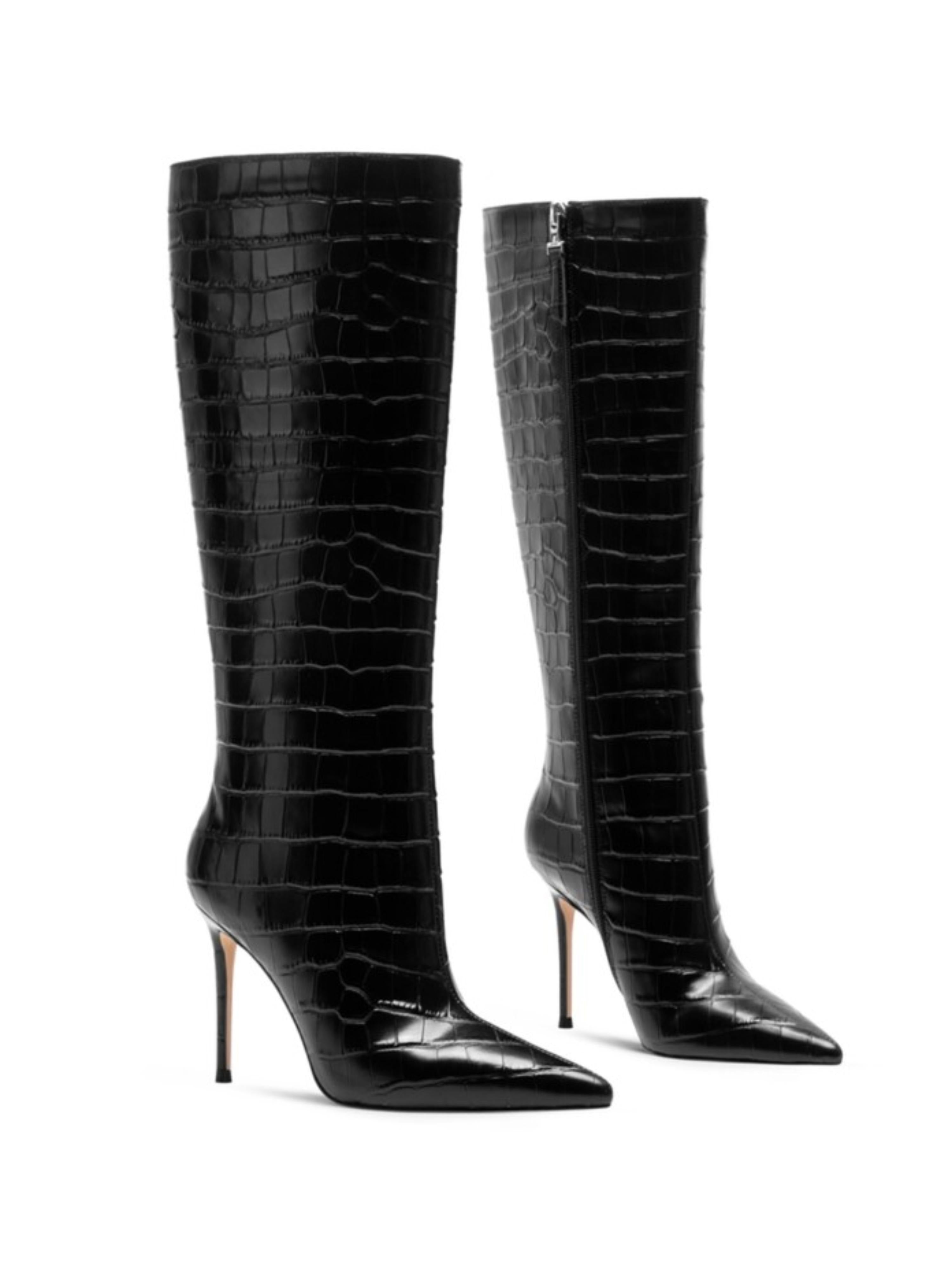 Black Embossed Pointed Toe Stilettos High-Heel Knee-High Boots