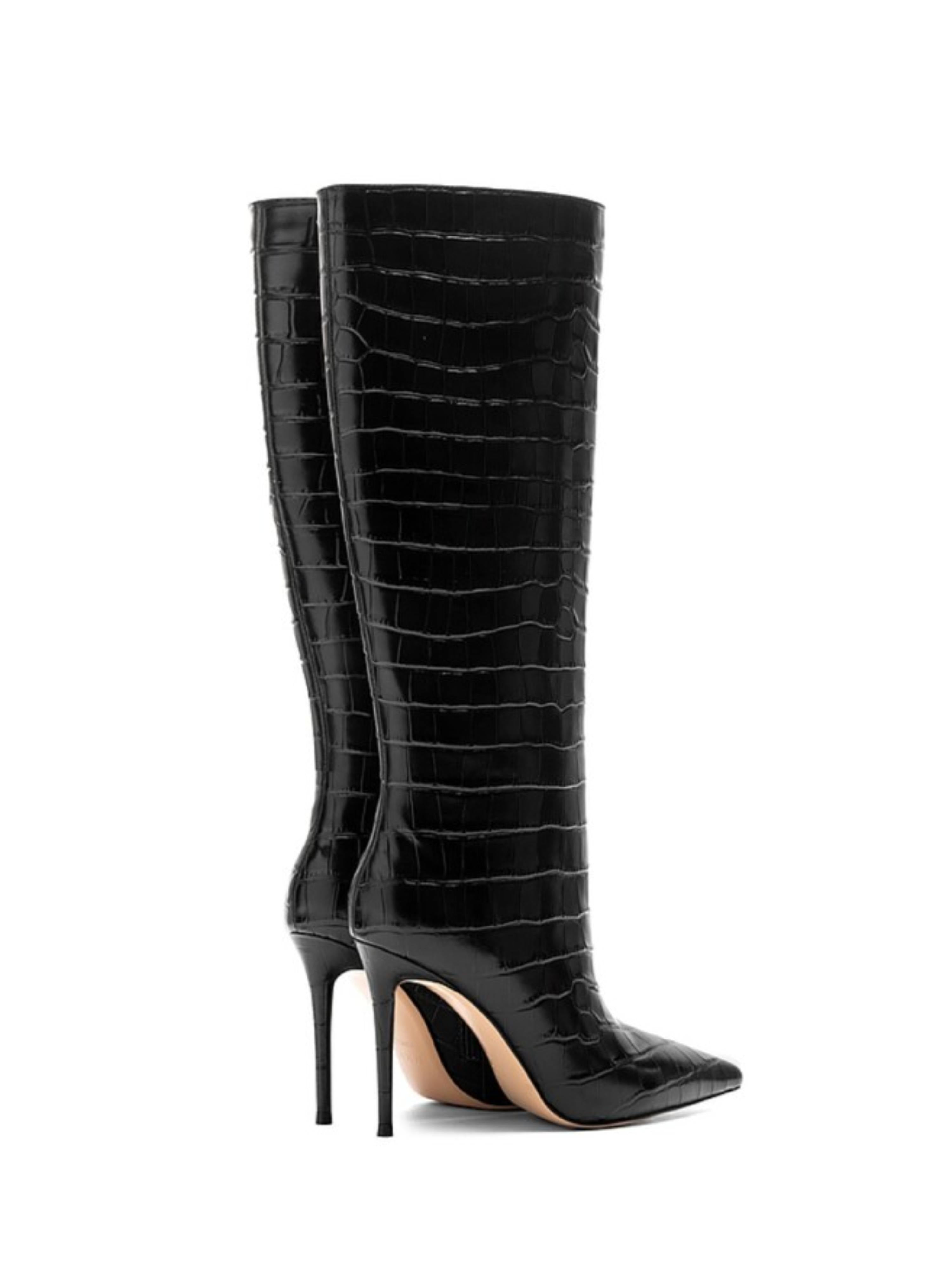 Black Embossed Pointed Toe Stilettos High-Heel Knee-High Boots