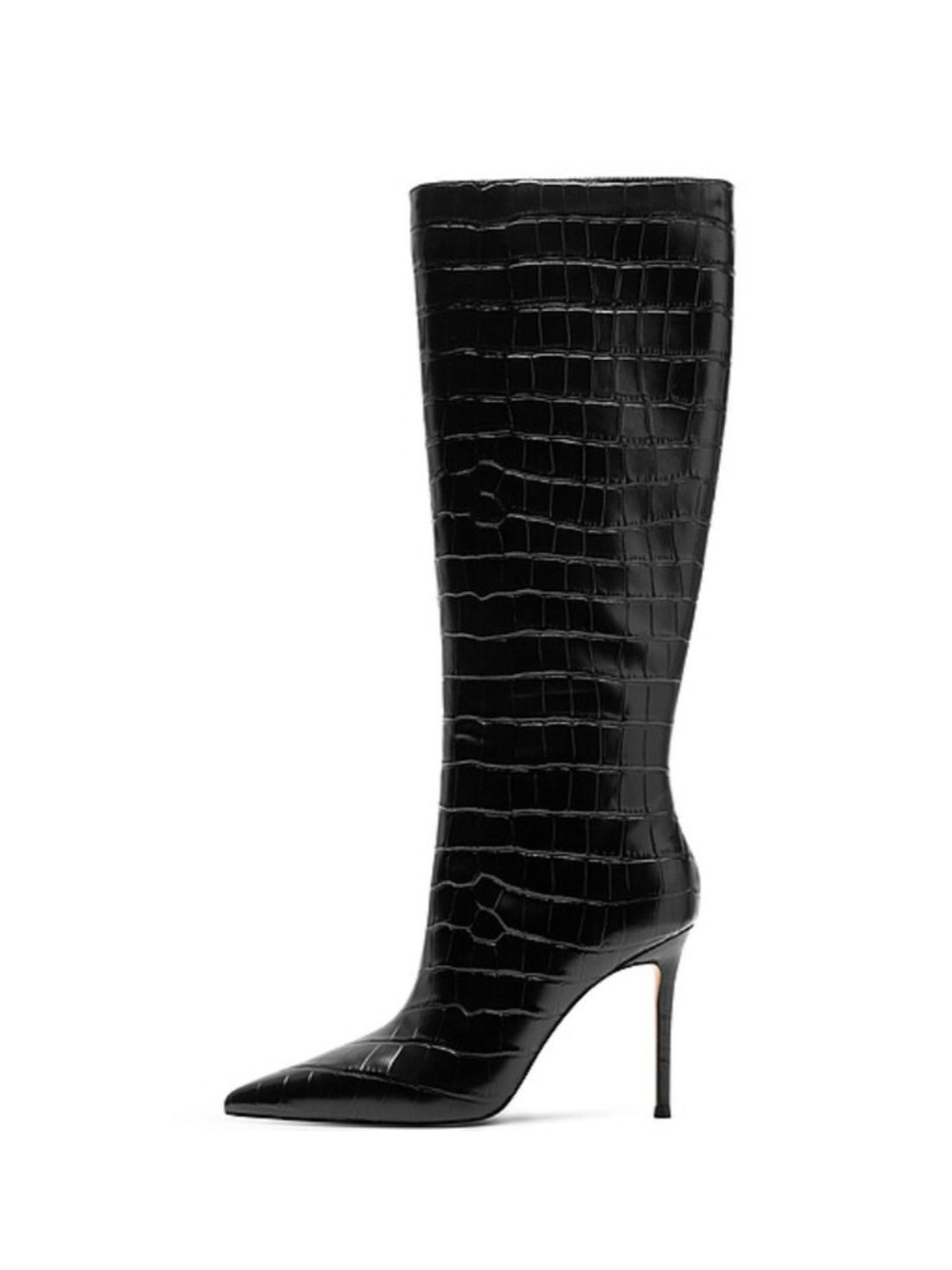 Black Embossed Pointed Toe Stilettos High-Heel Knee-High Boots