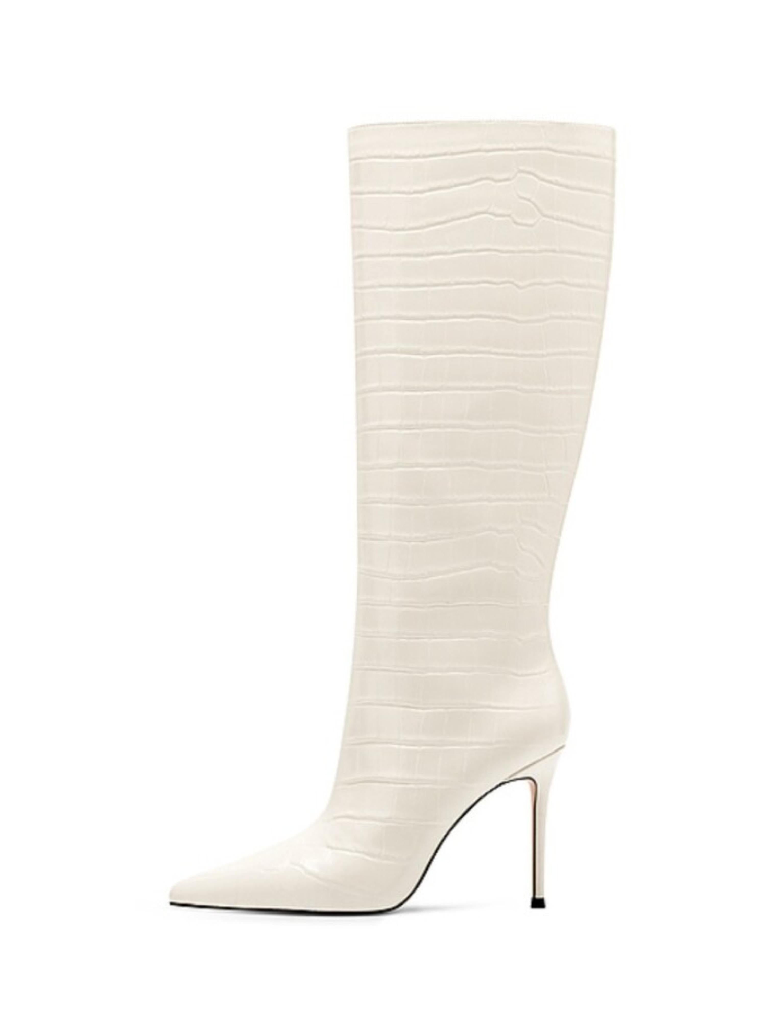 White Croc-Embossed Knee-High Pointed Toe Boots for Women