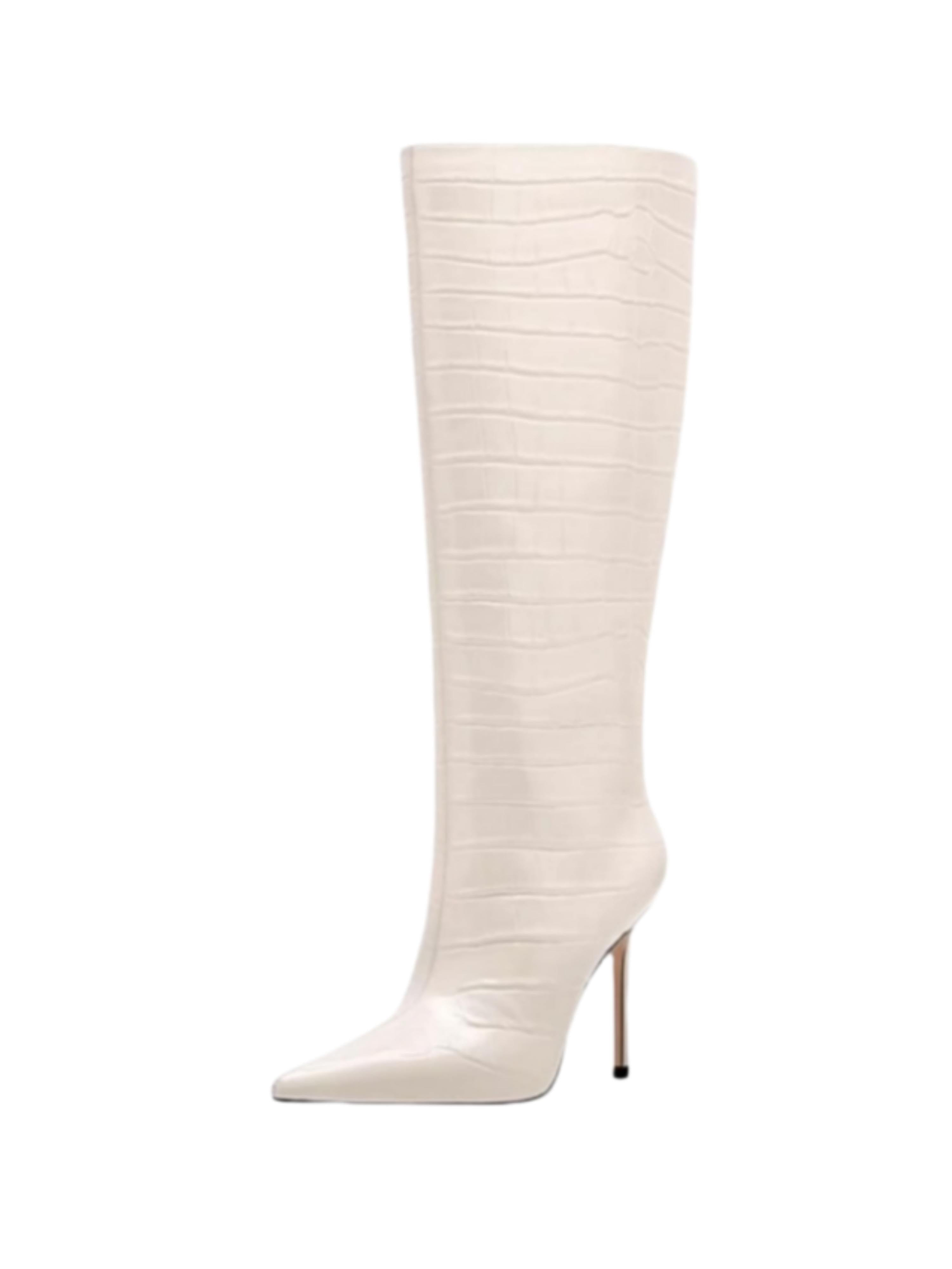 White Croc-Embossed Knee-High Pointed Toe Boots for Women