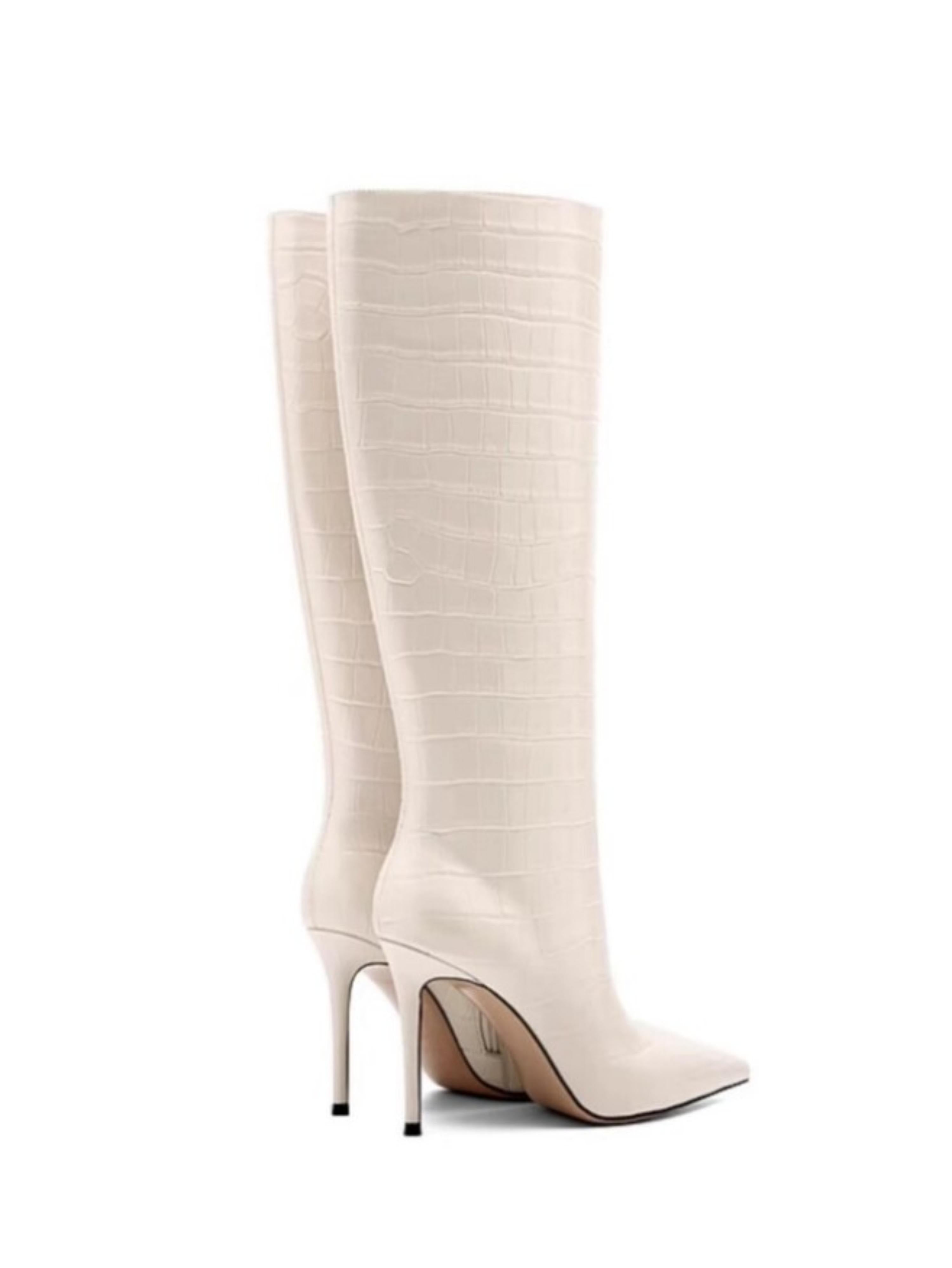 White Croc-Embossed Knee-High Pointed Toe Boots for Women
