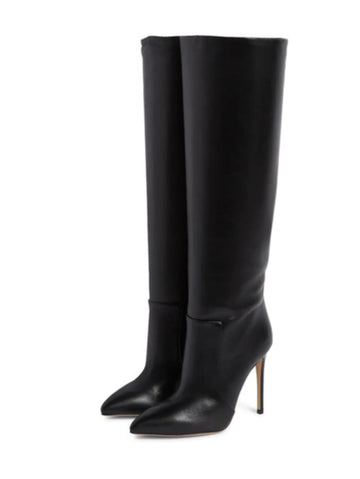 Black Faux Leather Stiletto Knee-High Boots for Women