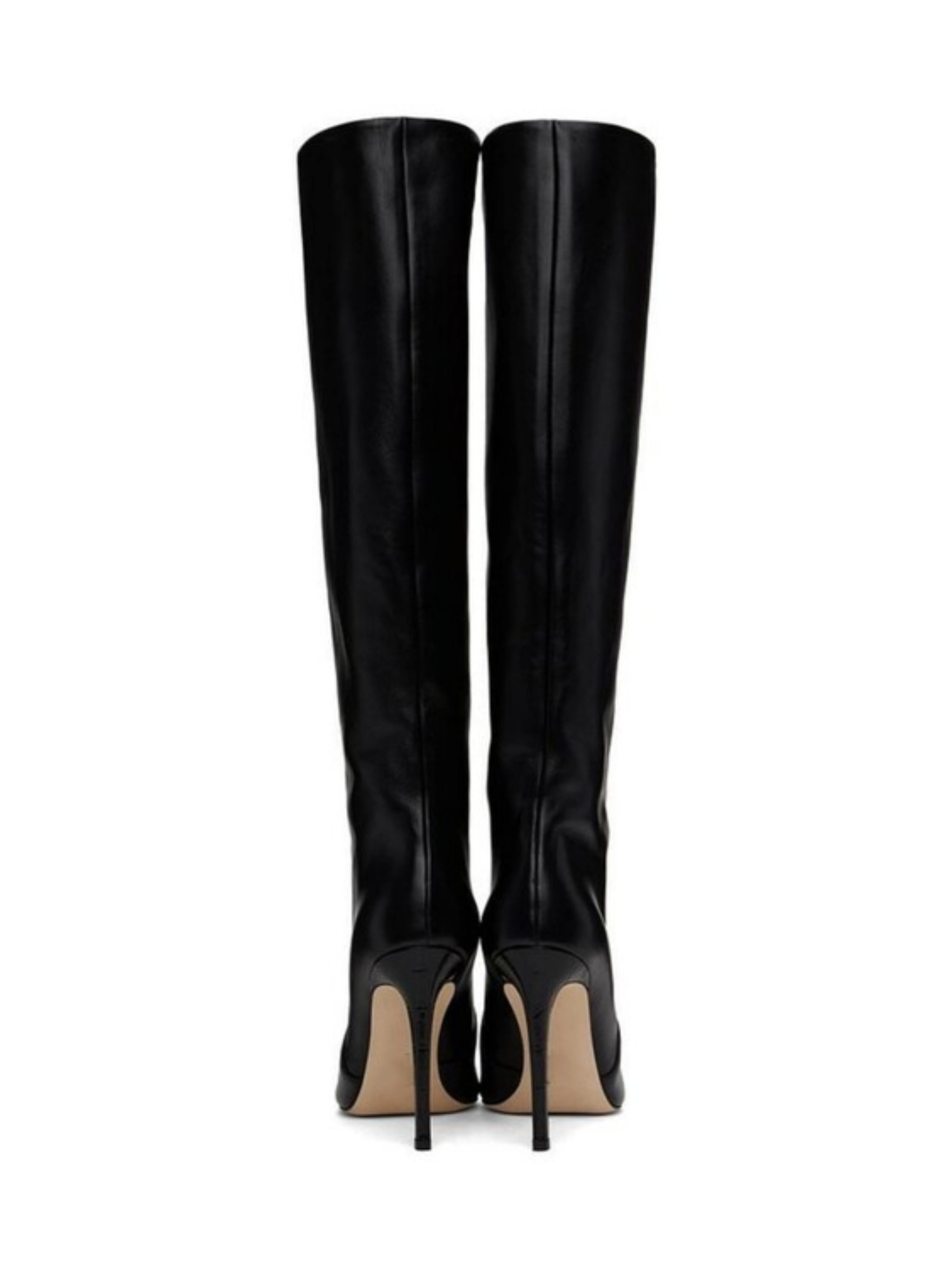 Black Faux Leather Stiletto Knee-High Boots for Women