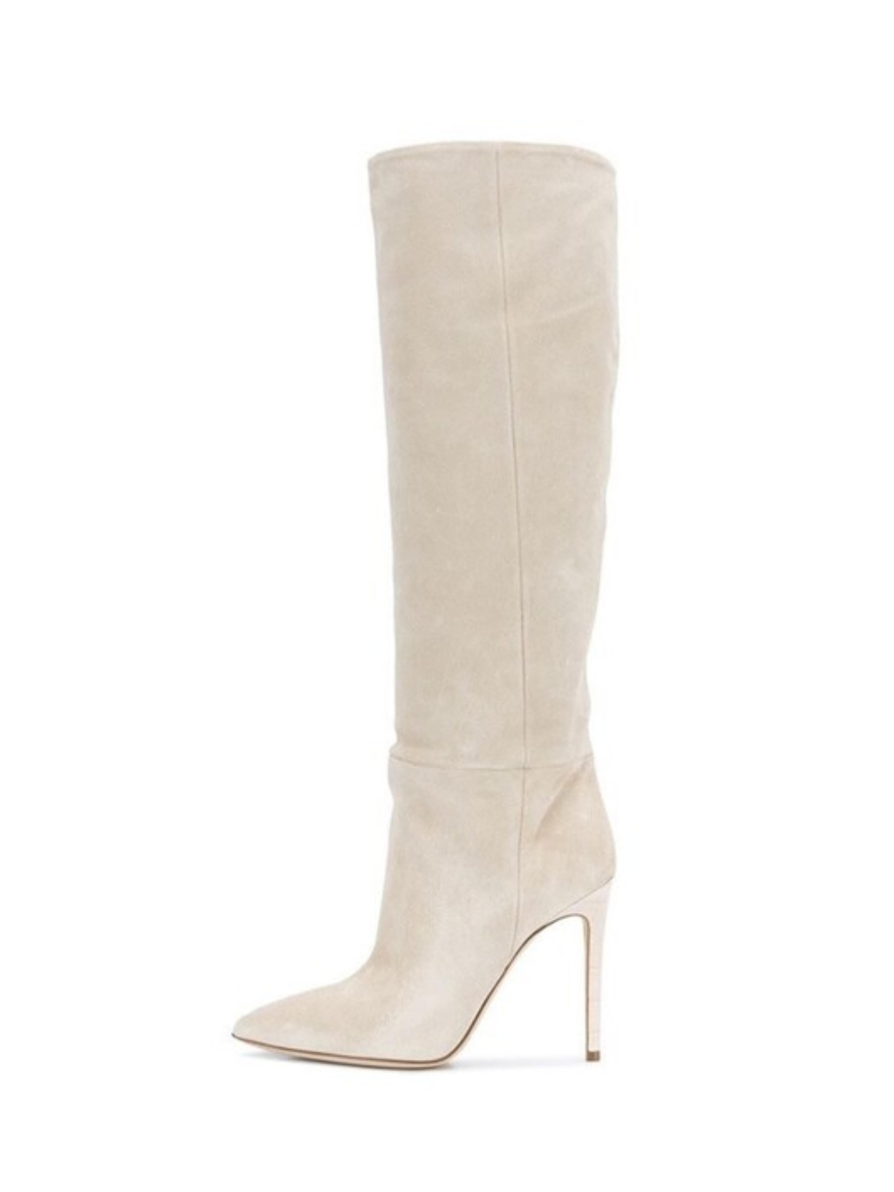 Beige Faux Suede Knee-High Heeled Boots for Women