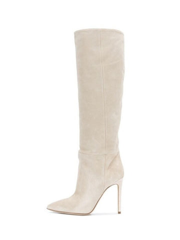 Beige Faux Suede Knee-High Heeled Boots for Women