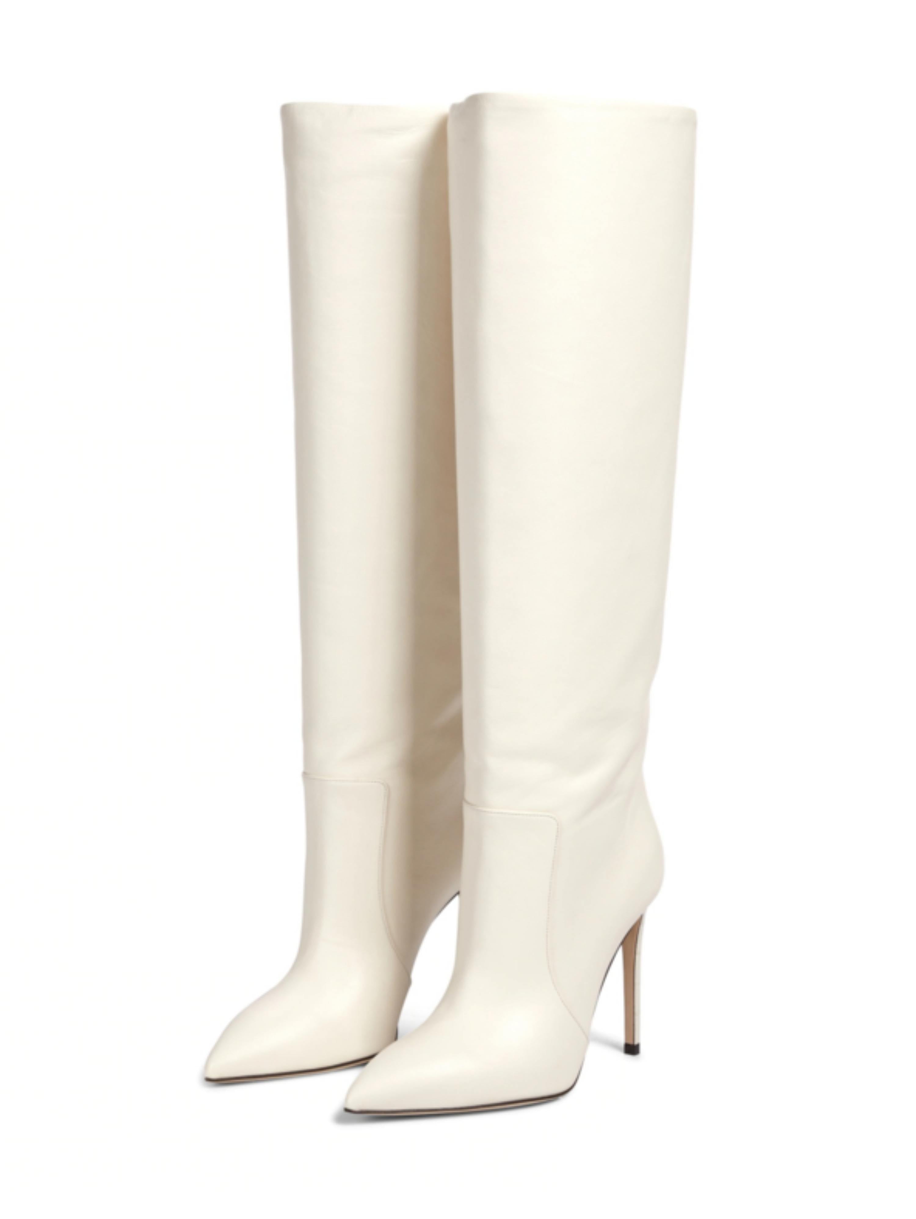 Fashion White Pointed Toe Knee-High Heeled Boots for Women