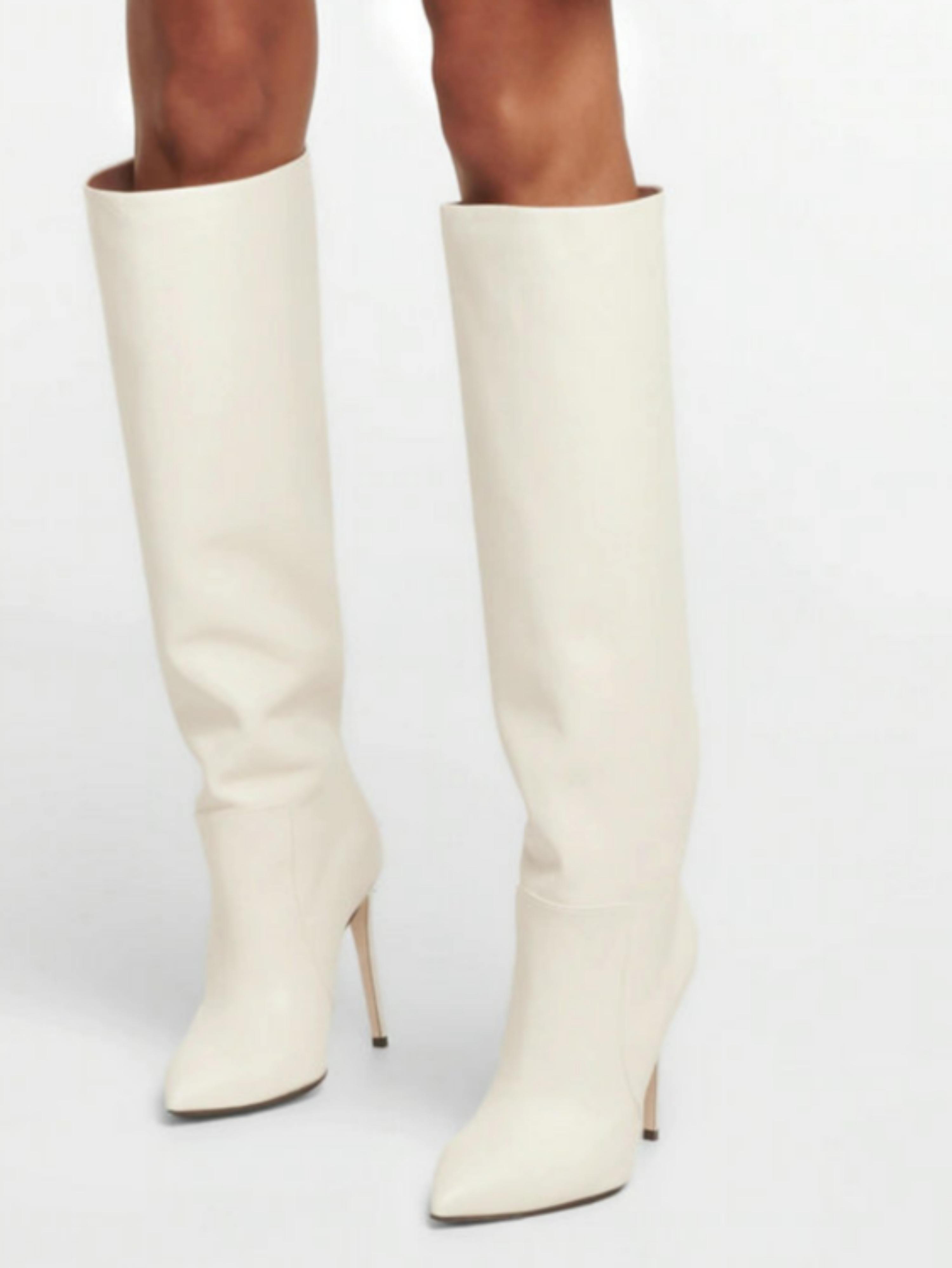 Fashion White Pointed Toe Knee-High Heeled Boots for Women
