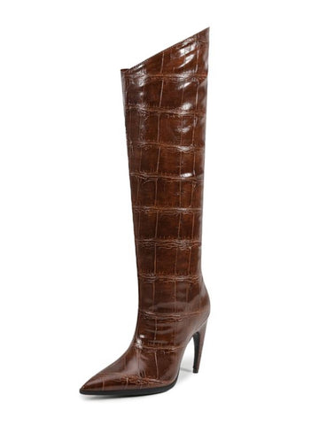 Brown Embossed High-Heel Pointed Toe Long Boots for Women