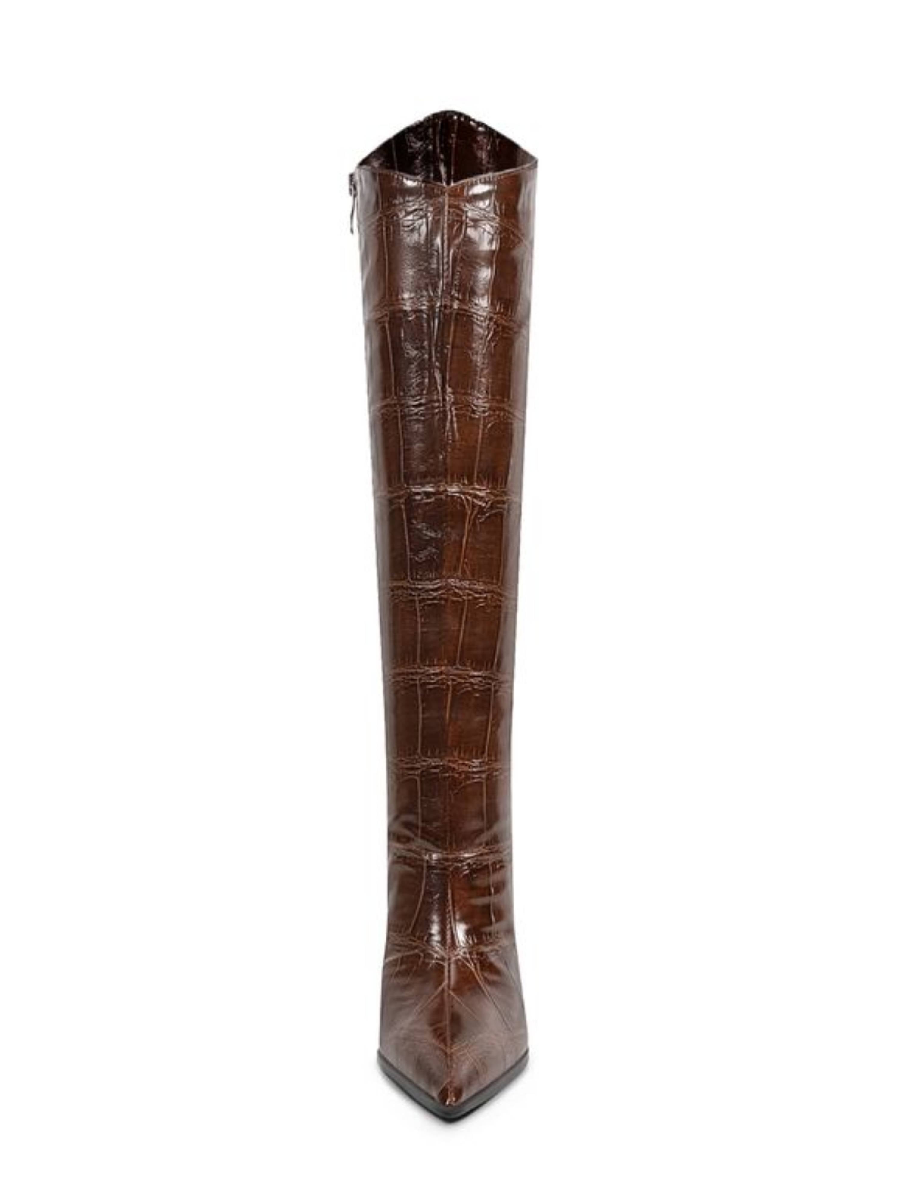 Brown Embossed High-Heel Pointed Toe Long Boots for Women