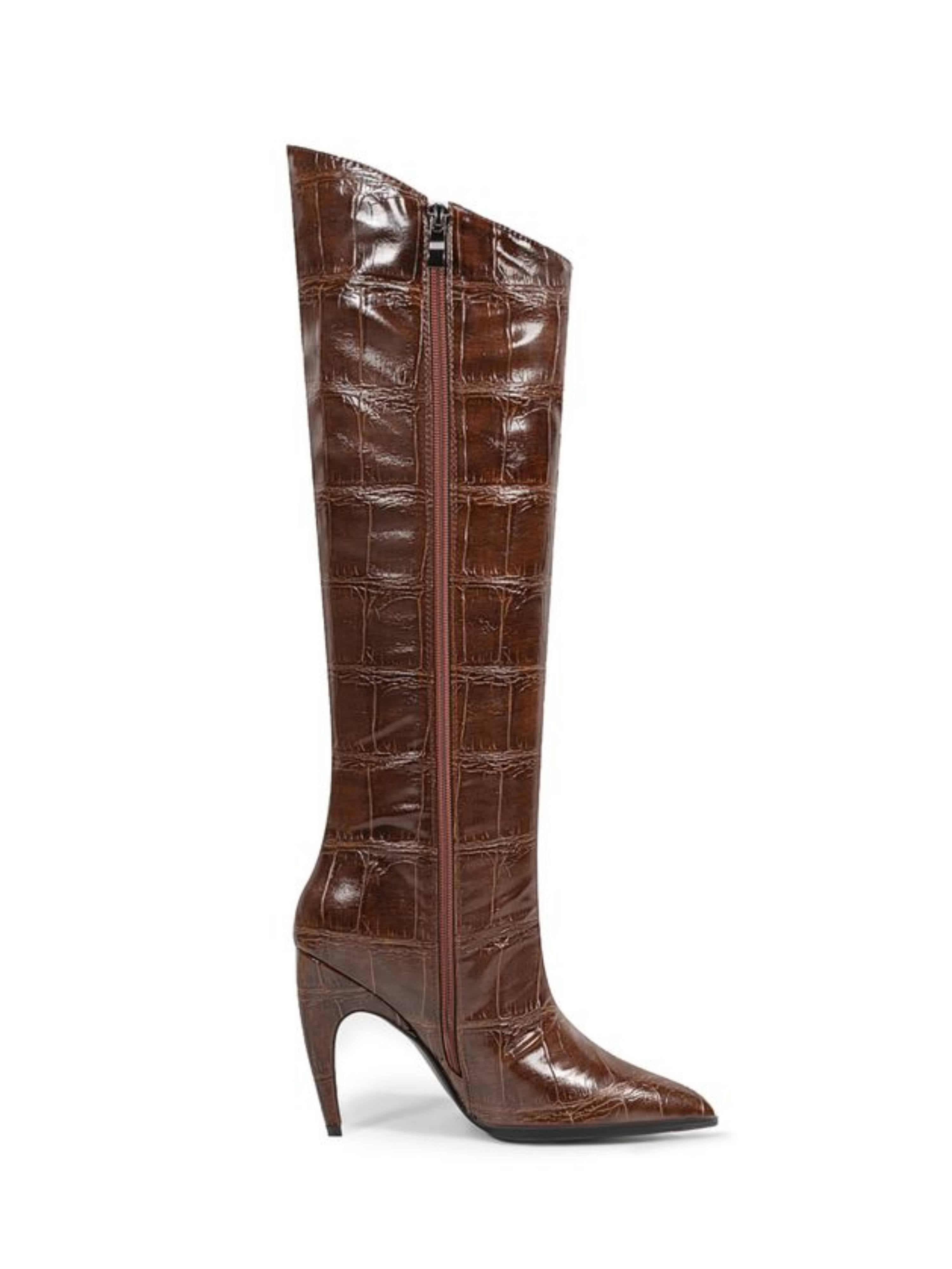 Brown Embossed High-Heel Pointed Toe Long Boots for Women