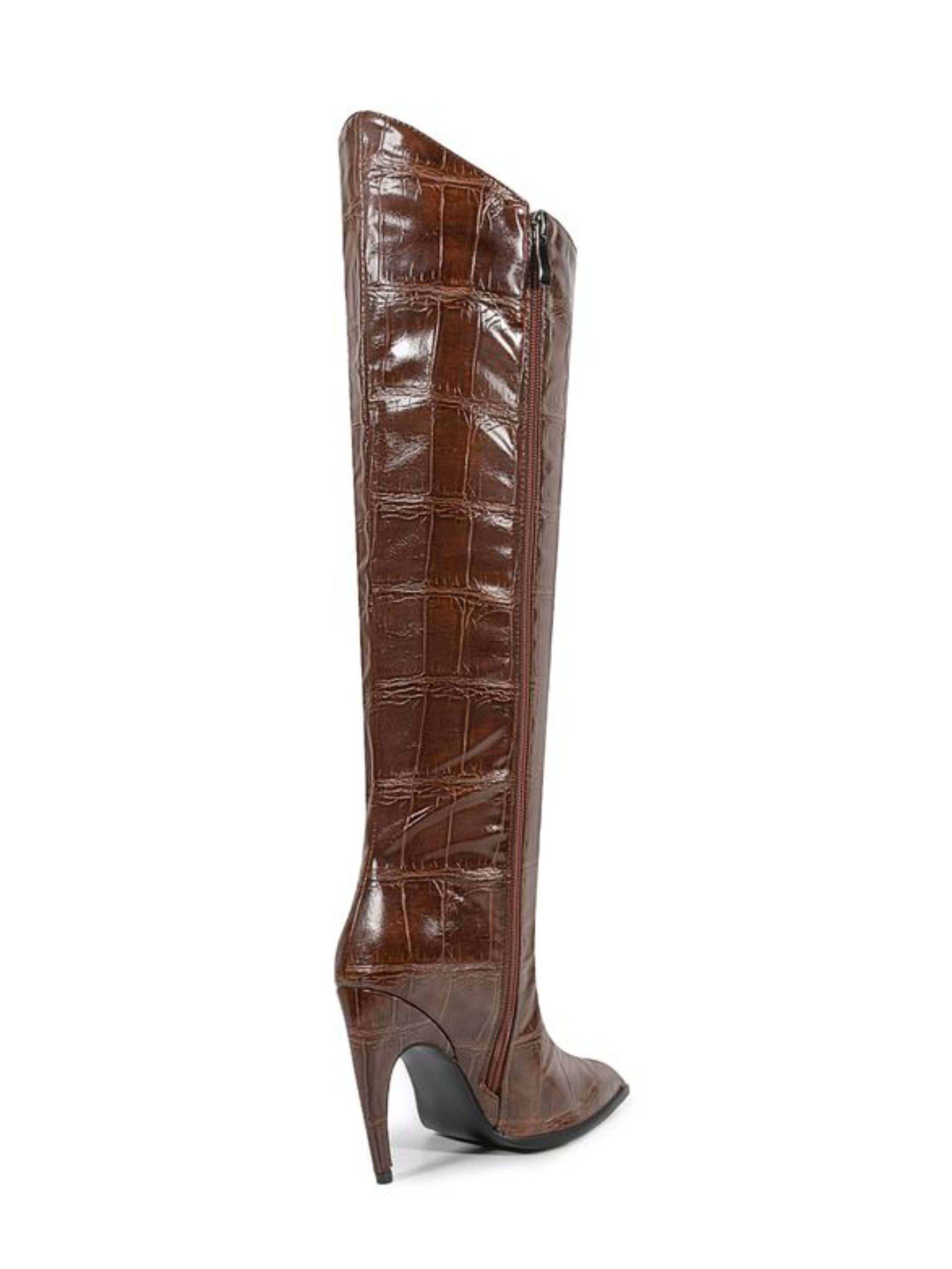 Brown Embossed High-Heel Pointed Toe Long Boots for Women