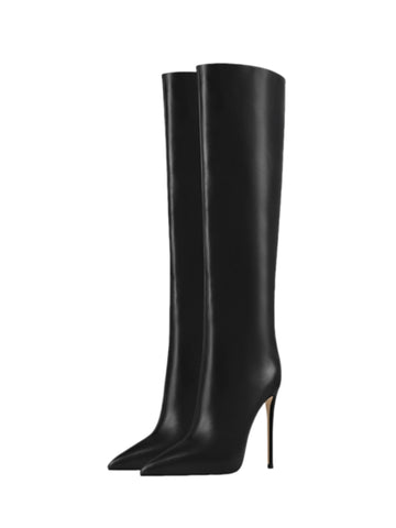 Elegant Black Pointed Toe High-Heel Knee-High Boots