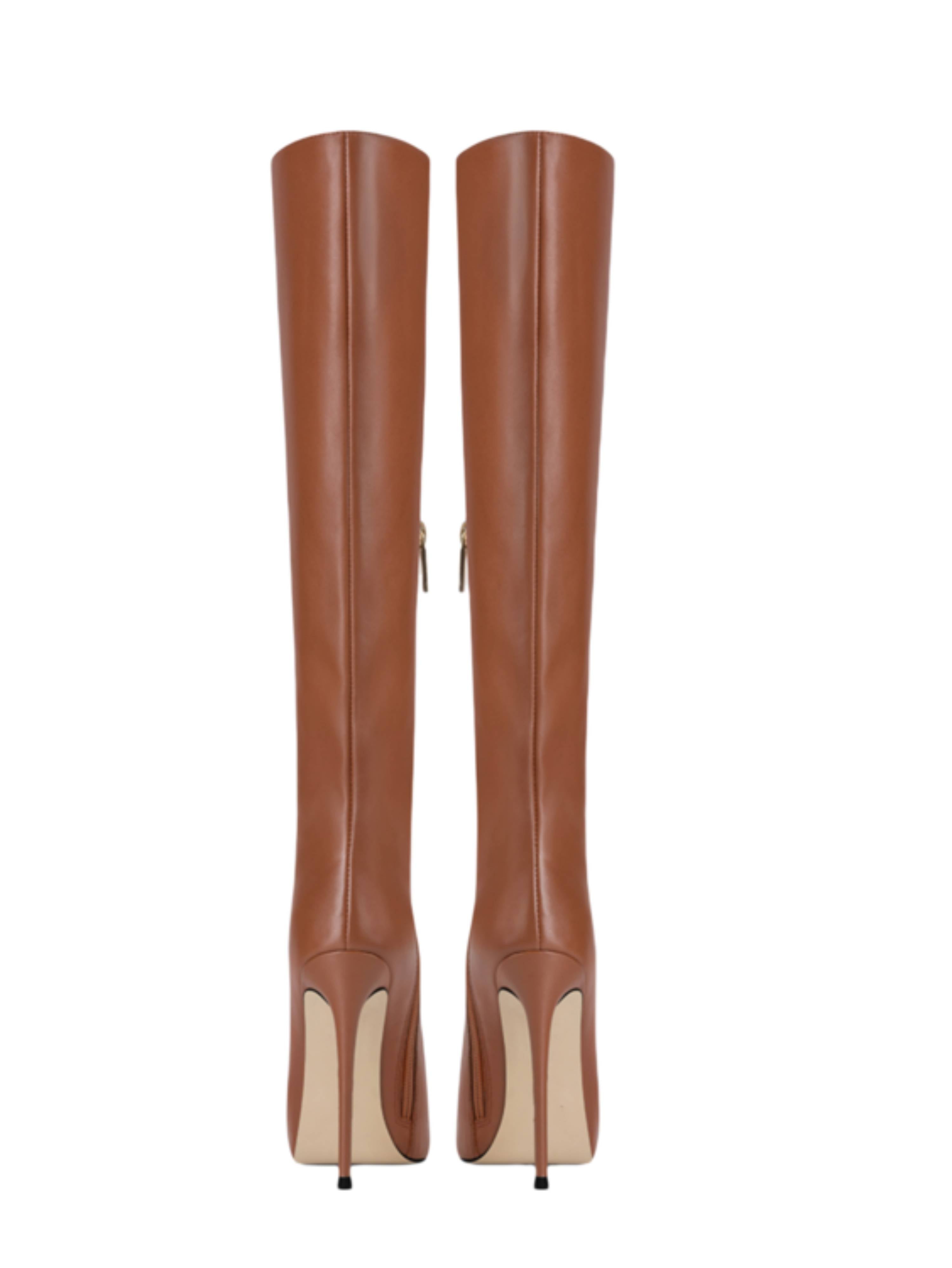 Caramel Brown Knee-High Heeled Pointed Toe Boots for Women