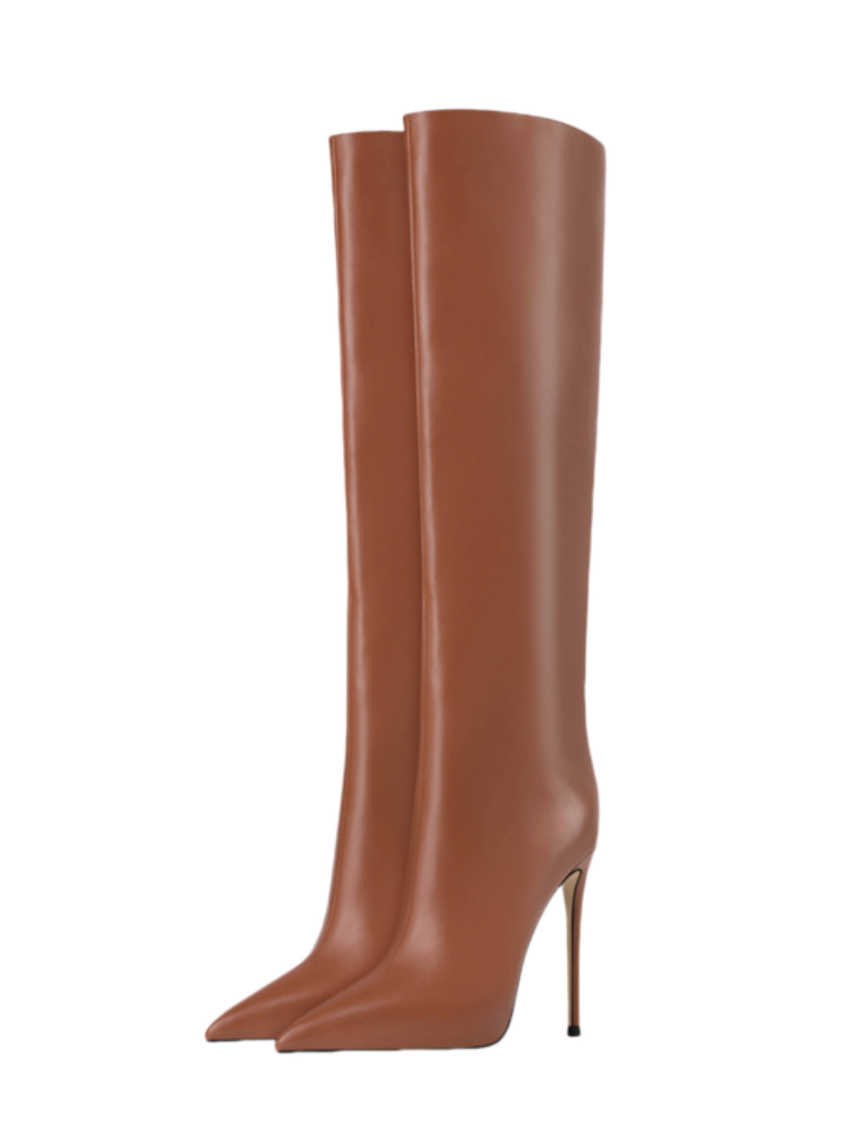 Caramel Brown Knee-High Heeled Pointed Toe Boots for Women