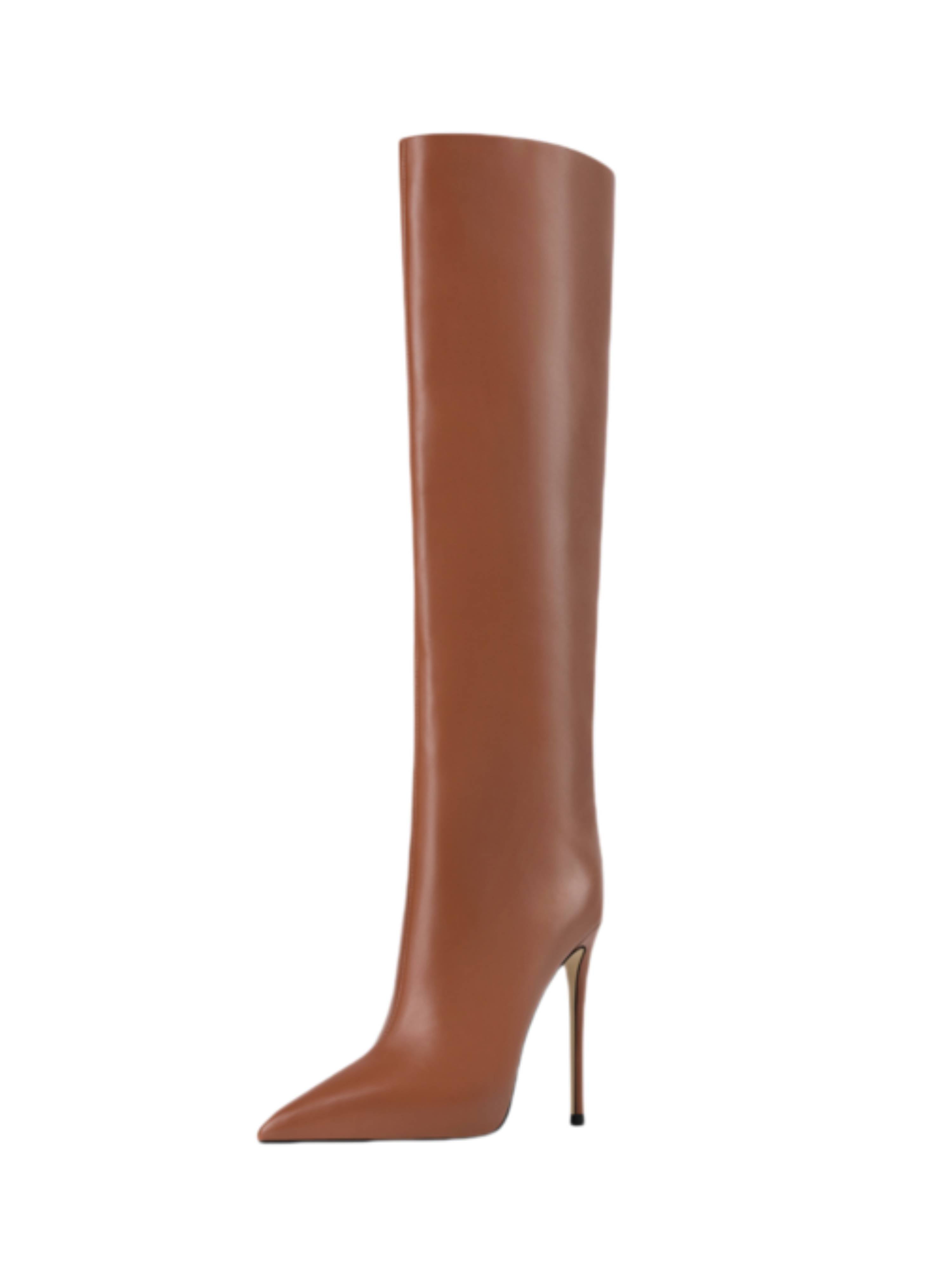 Caramel Brown Knee-High Heeled Pointed Toe Boots for Women