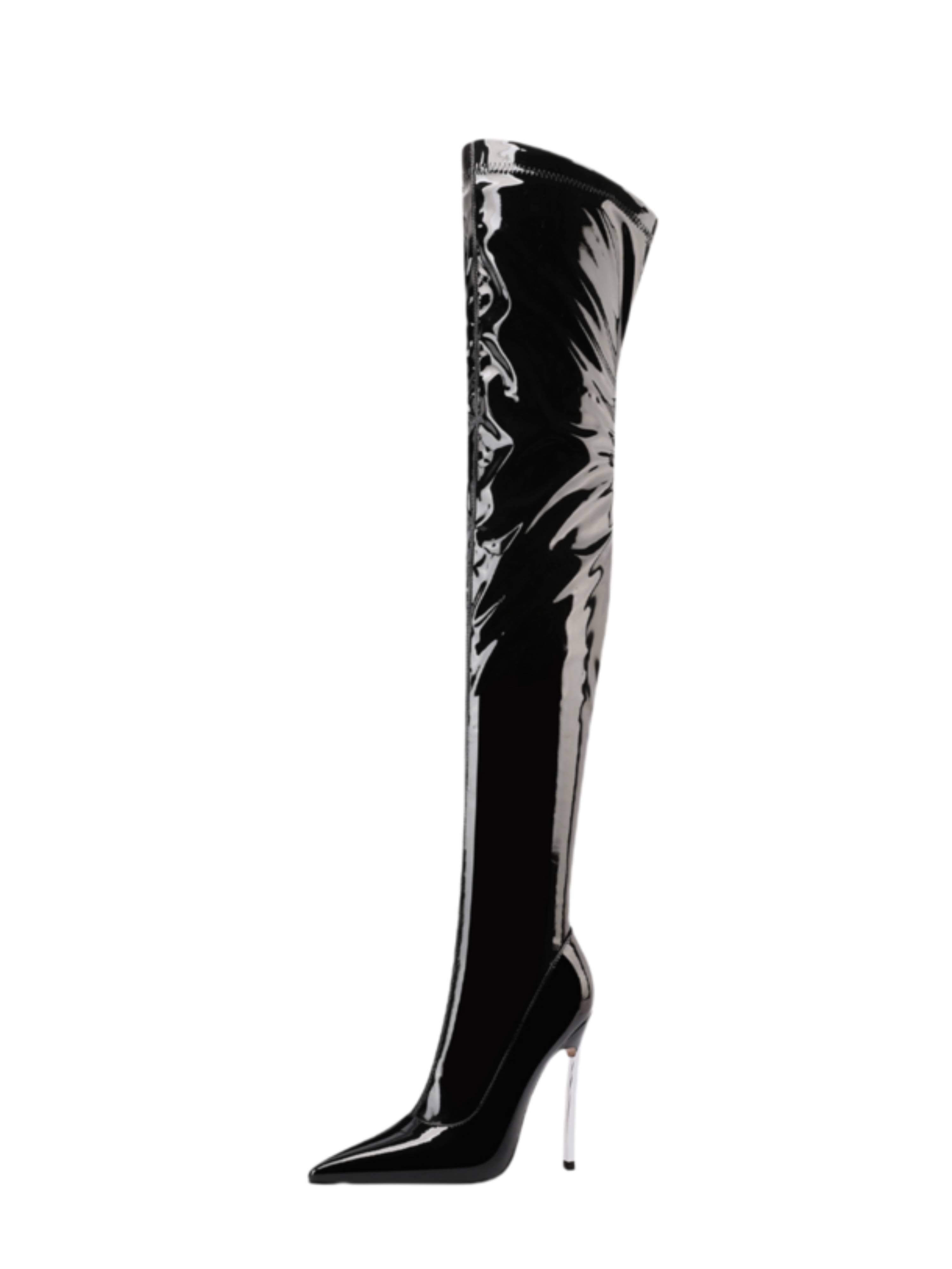 Black Patent Women Thigh-High Heeled Boots