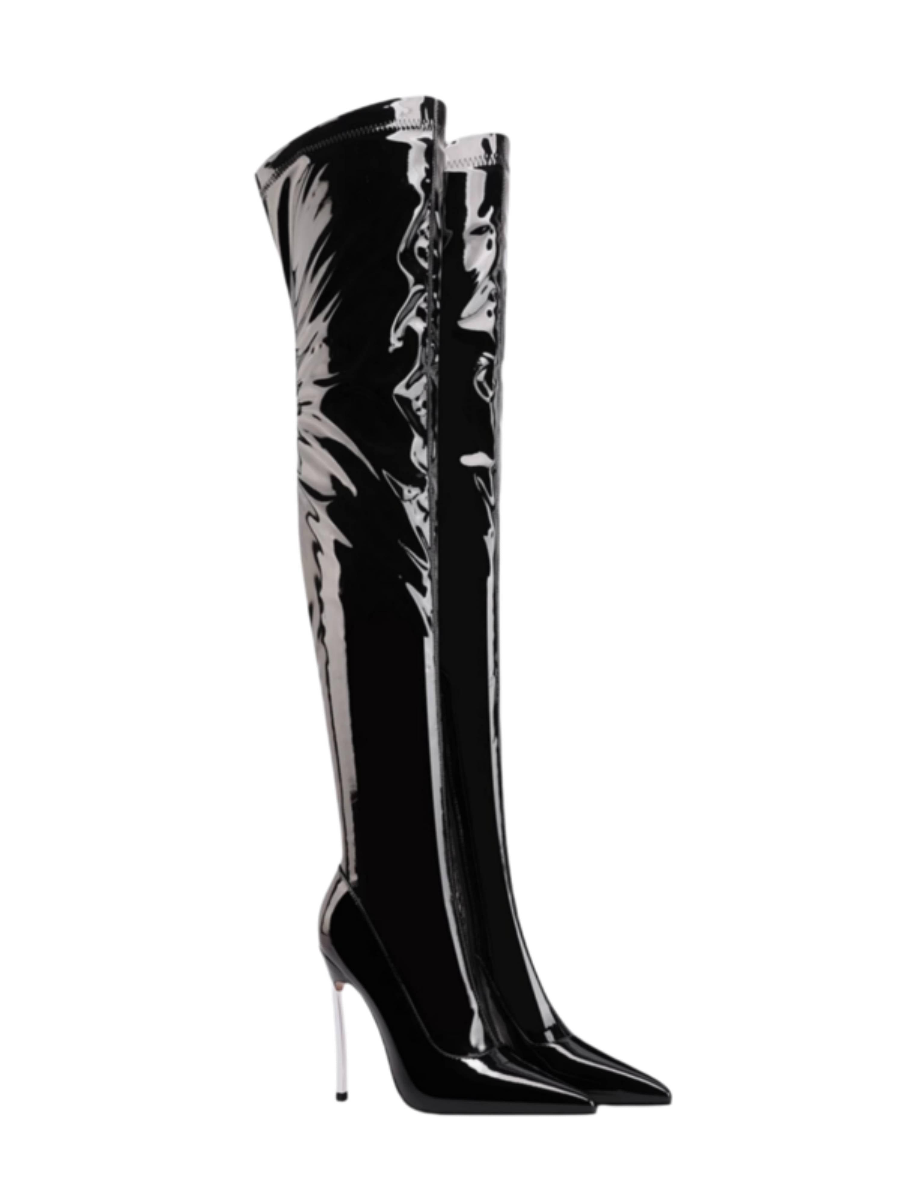 Black Patent Women Thigh-High Heeled Boots