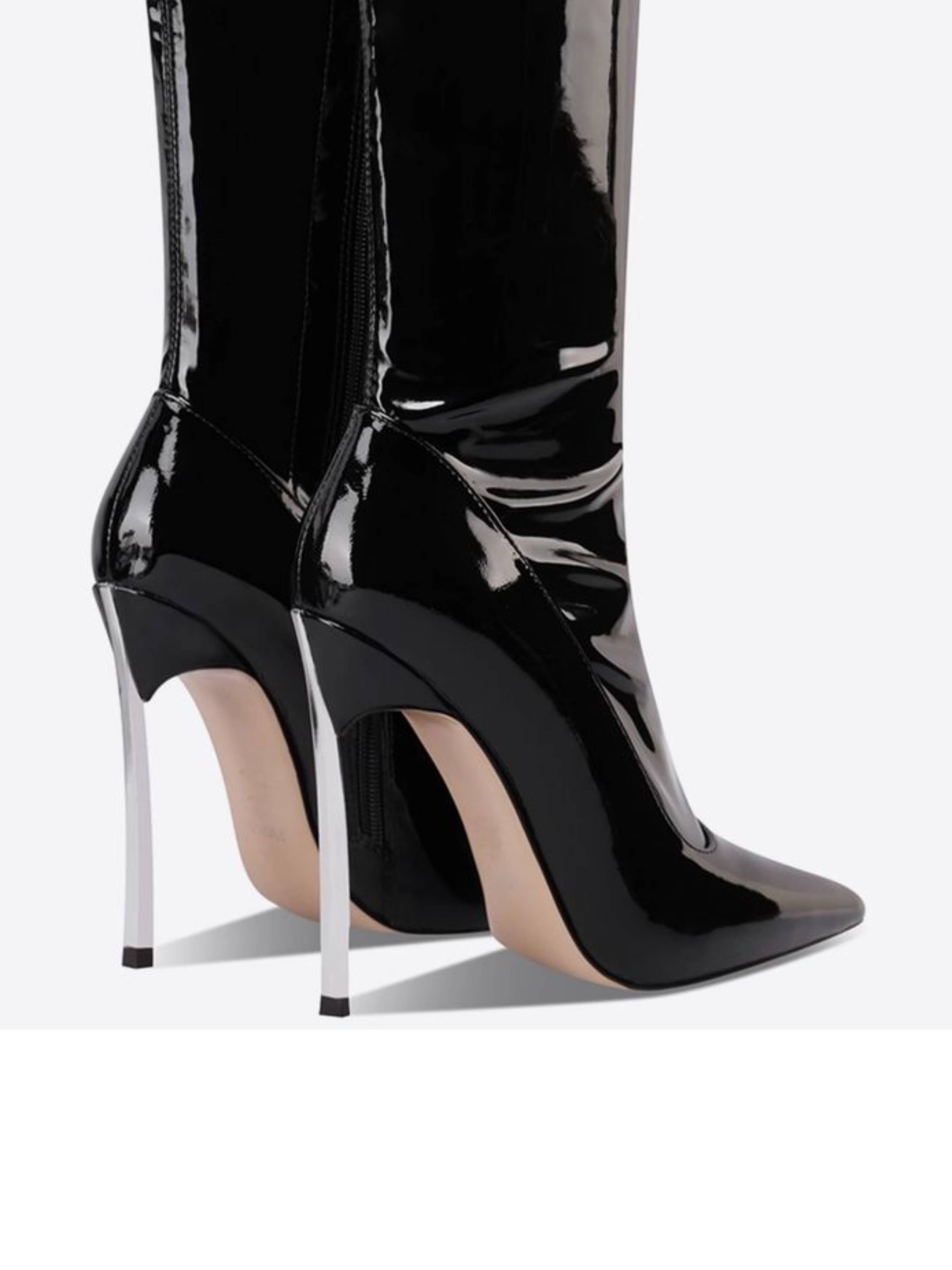 Black Patent Women Thigh-High Heeled Boots