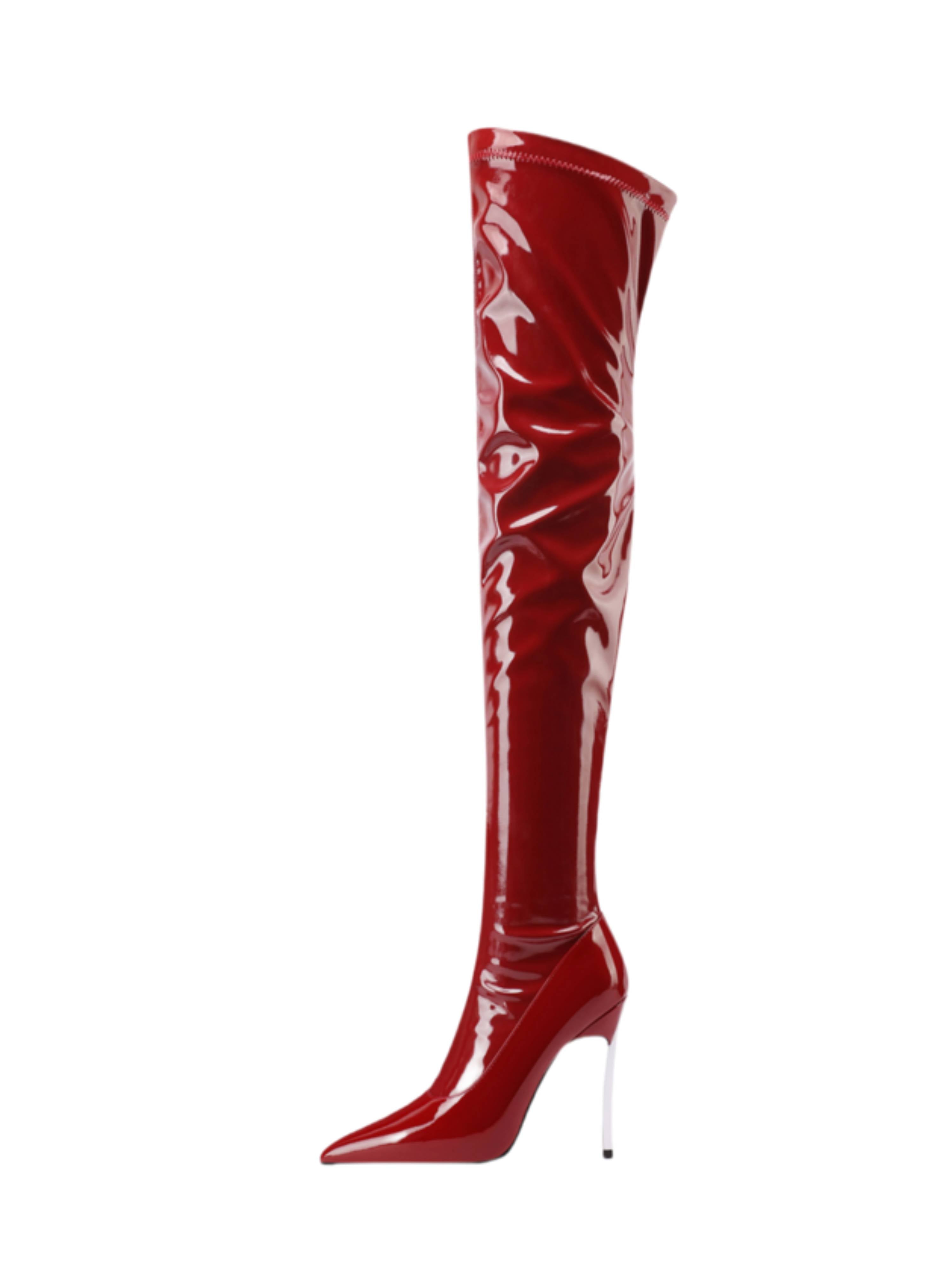 Women's Red Patent Leather Stiletto Heel Thigh-High Boots