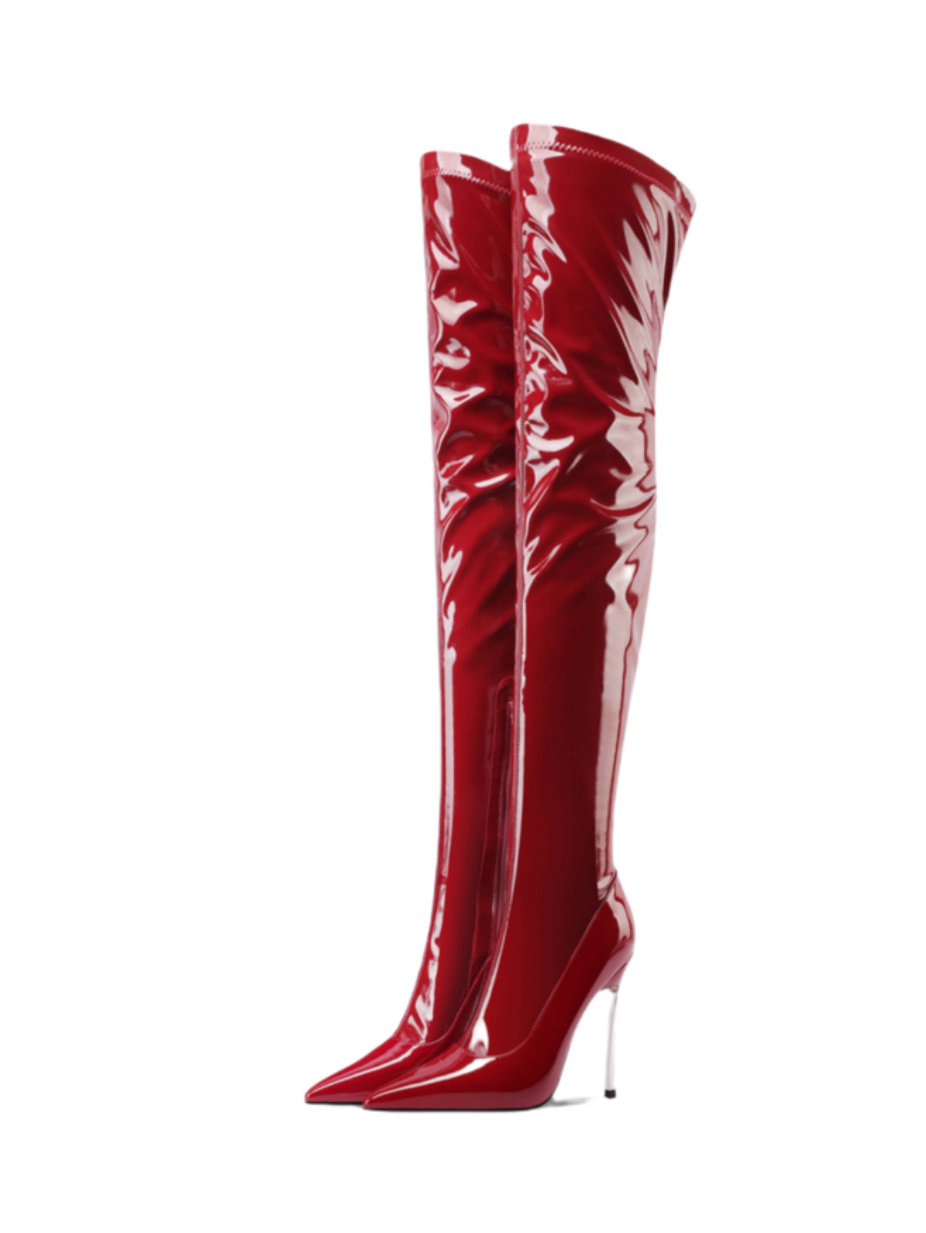 Women's Red Patent Leather Stiletto Heel Thigh-High Boots