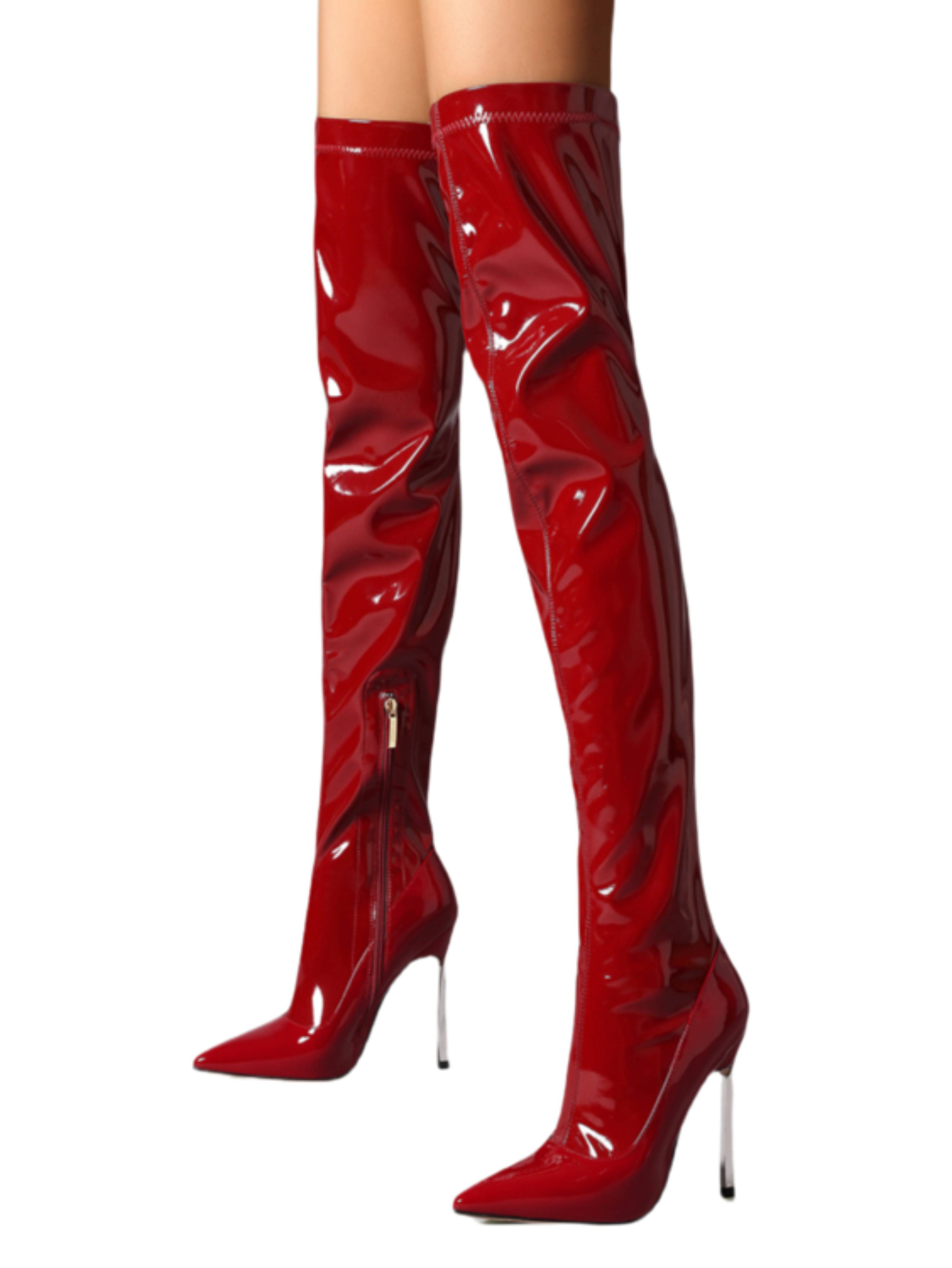 Women's Red Patent Leather Stiletto Heel Thigh-High Boots