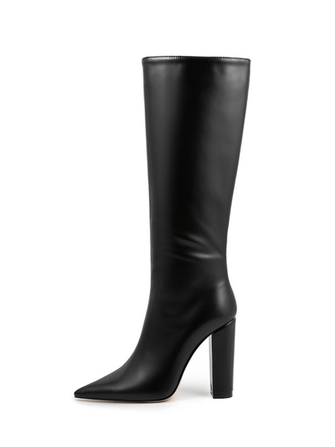 Black Leather Chunky High Heel Mid-Calf Boots