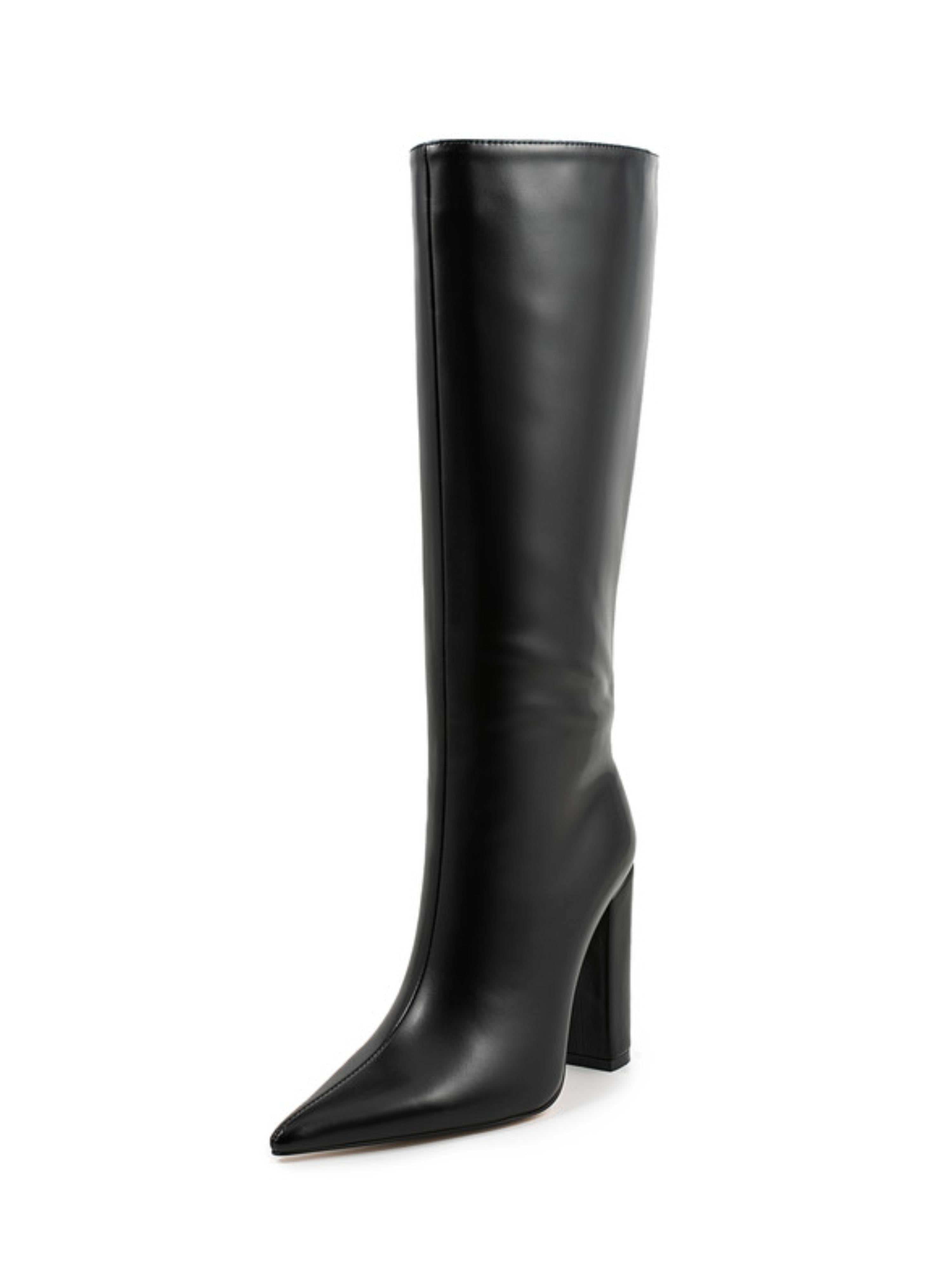 Black Leather Chunky High Heel Mid-Calf Boots