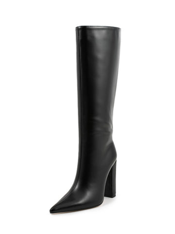 Black Leather Chunky High Heel Mid-Calf Boots