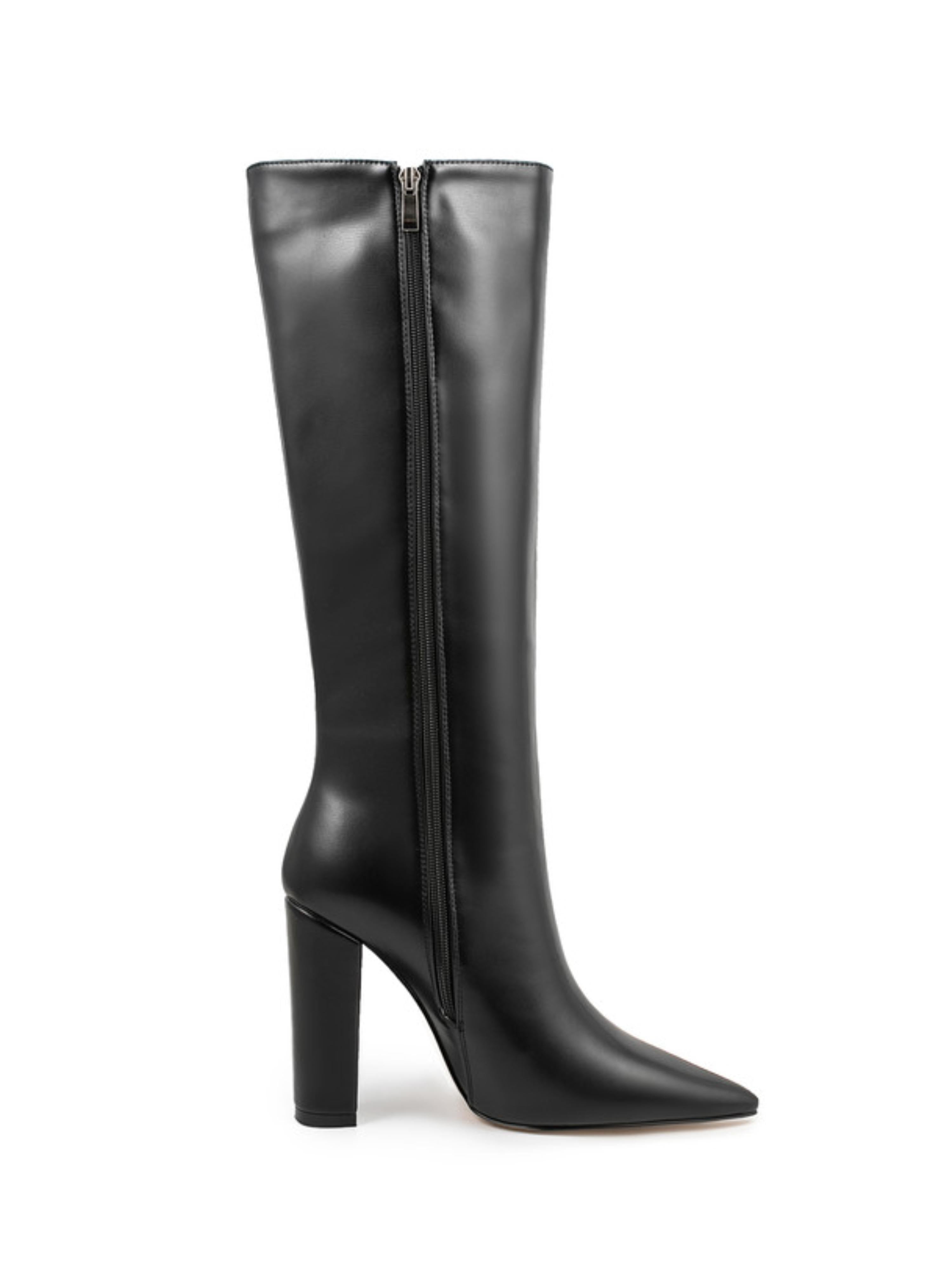 Black Leather Chunky High Heel Mid-Calf Boots