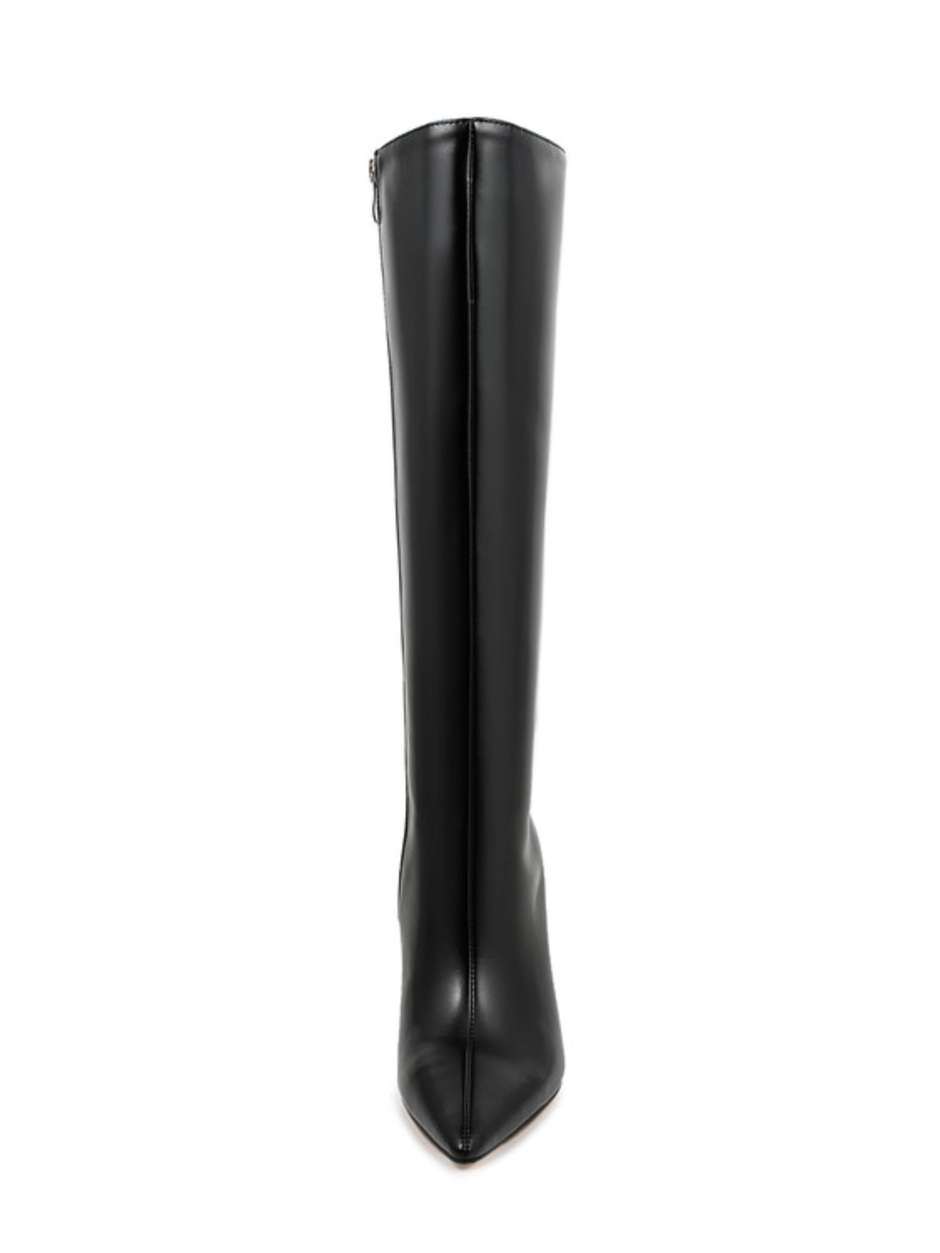 Black Leather Chunky High Heel Mid-Calf Boots
