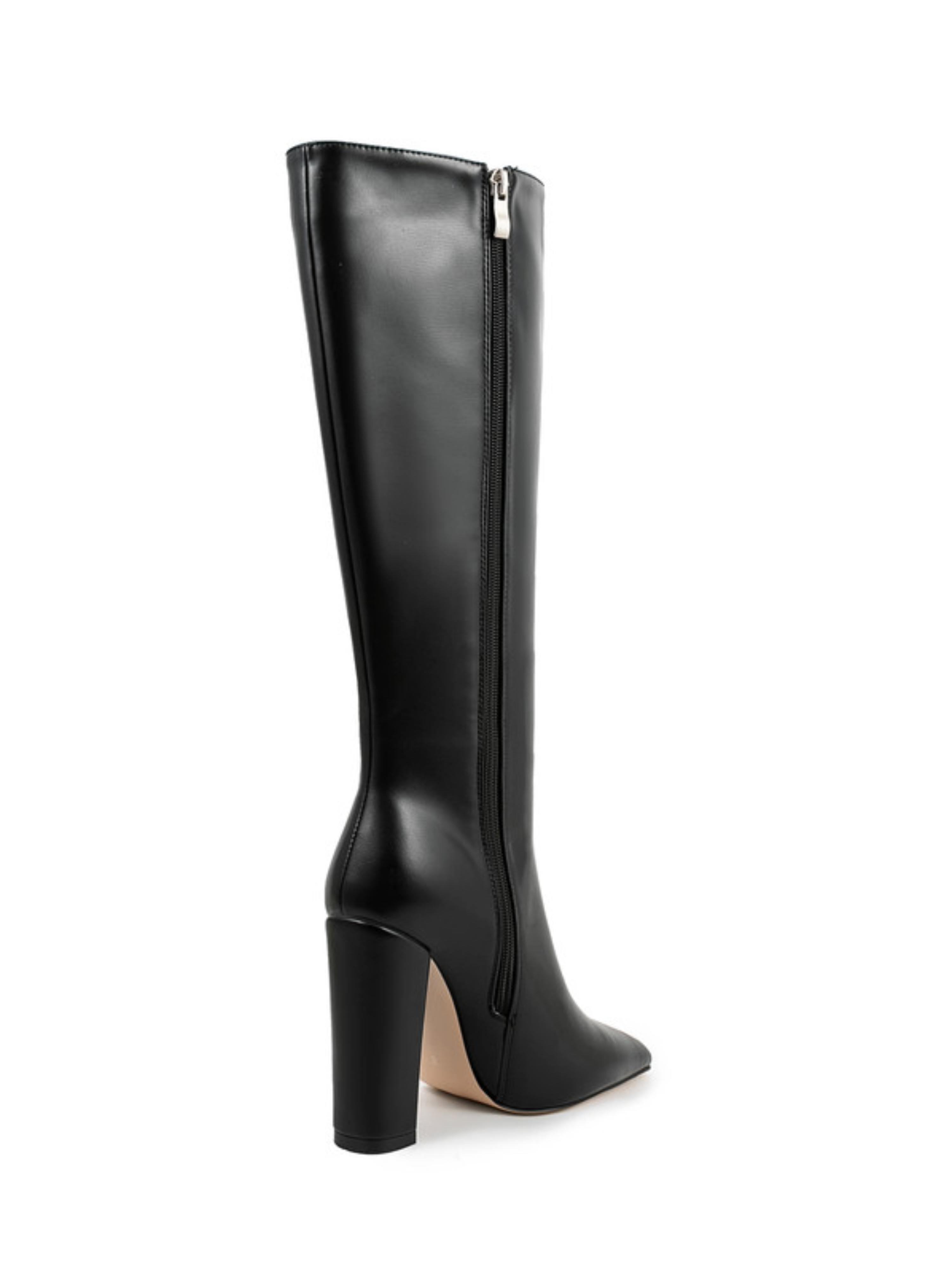 Black Leather Chunky High Heel Mid-Calf Boots