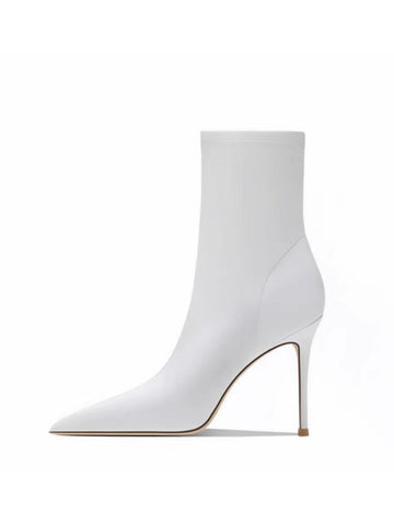 White Leather Pointed Toe High-Heel Ankle Boots