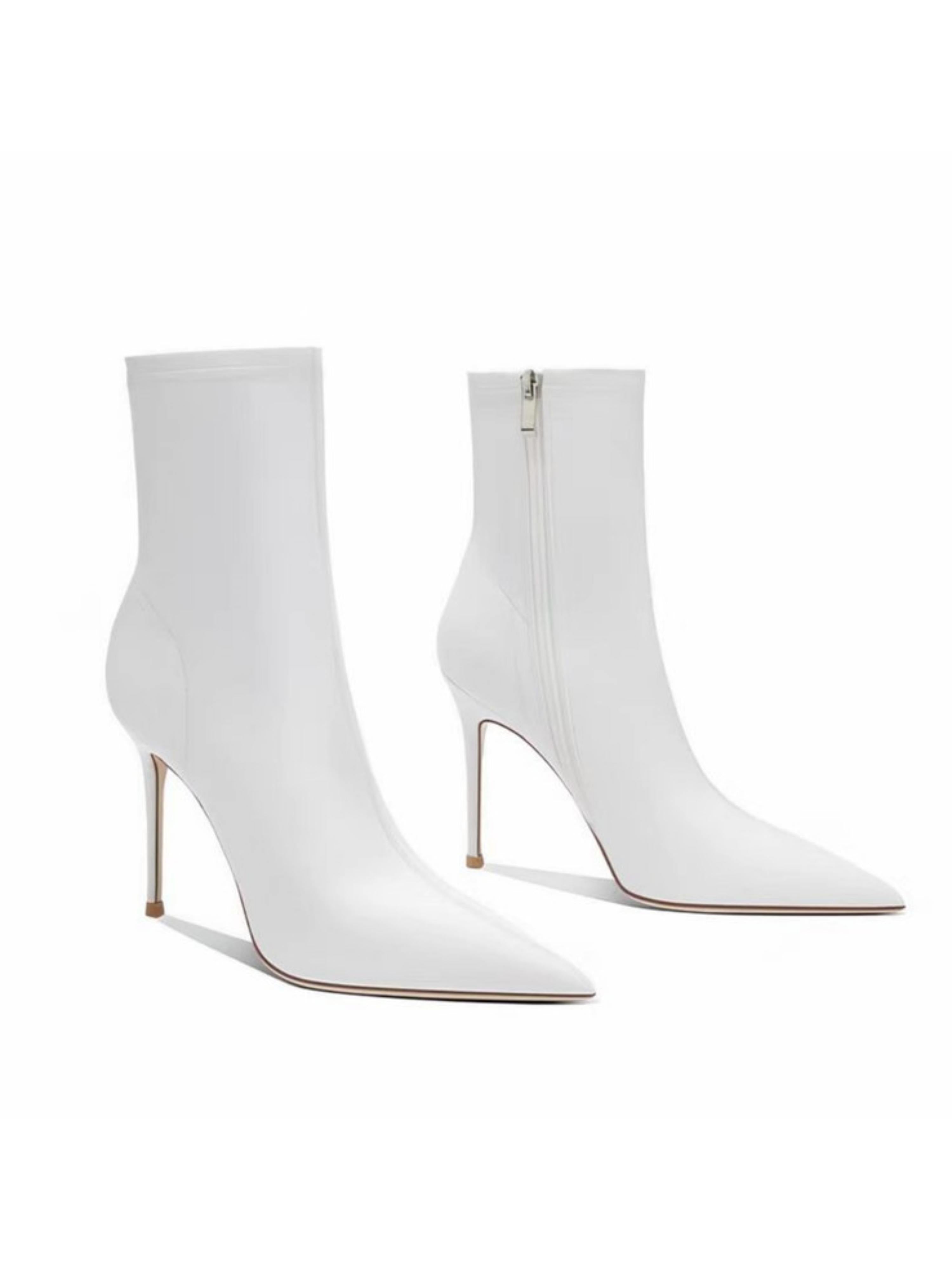 White Leather Pointed Toe High-Heel Ankle Boots