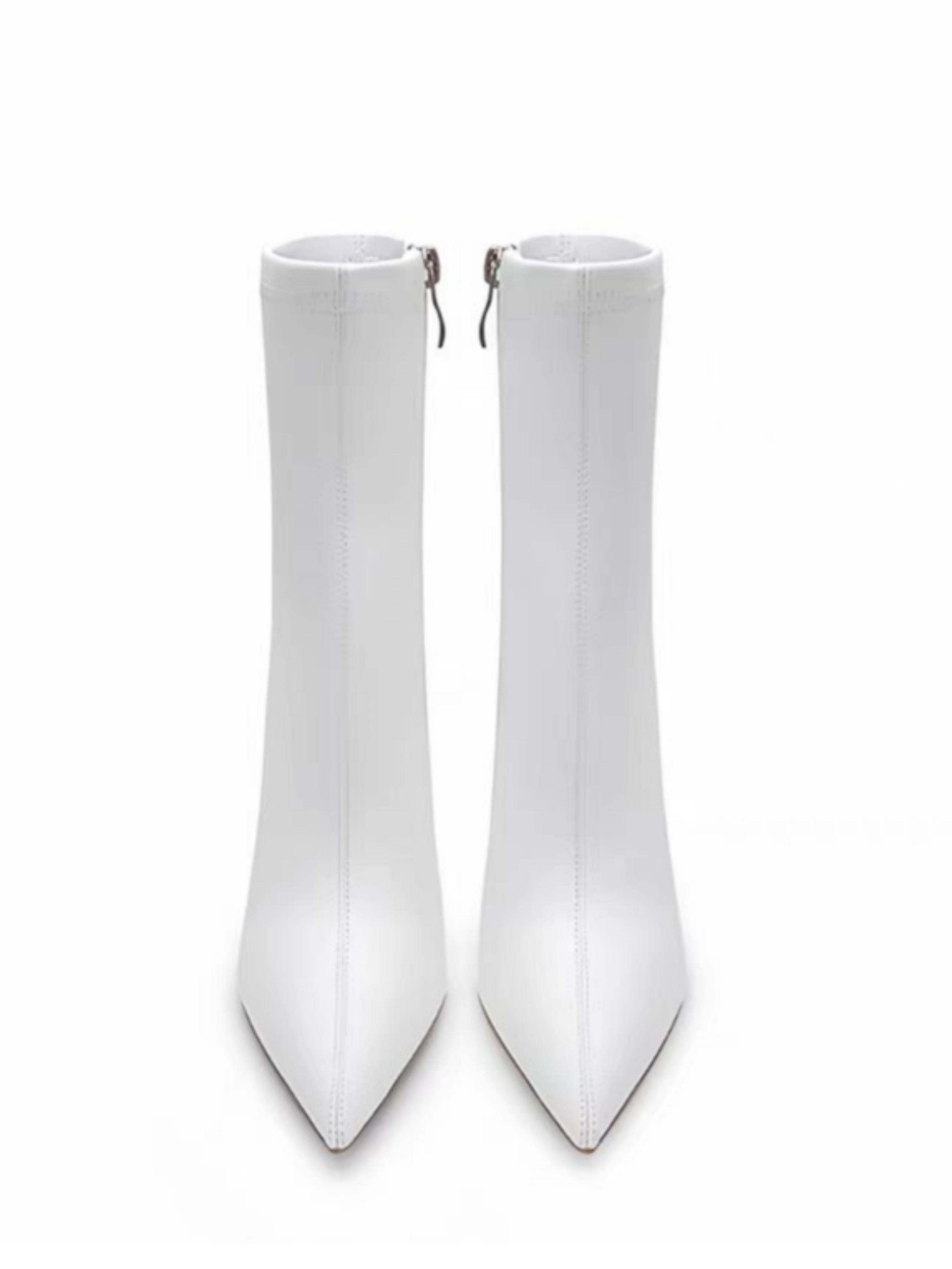 White Leather Pointed Toe High-Heel Ankle Boots