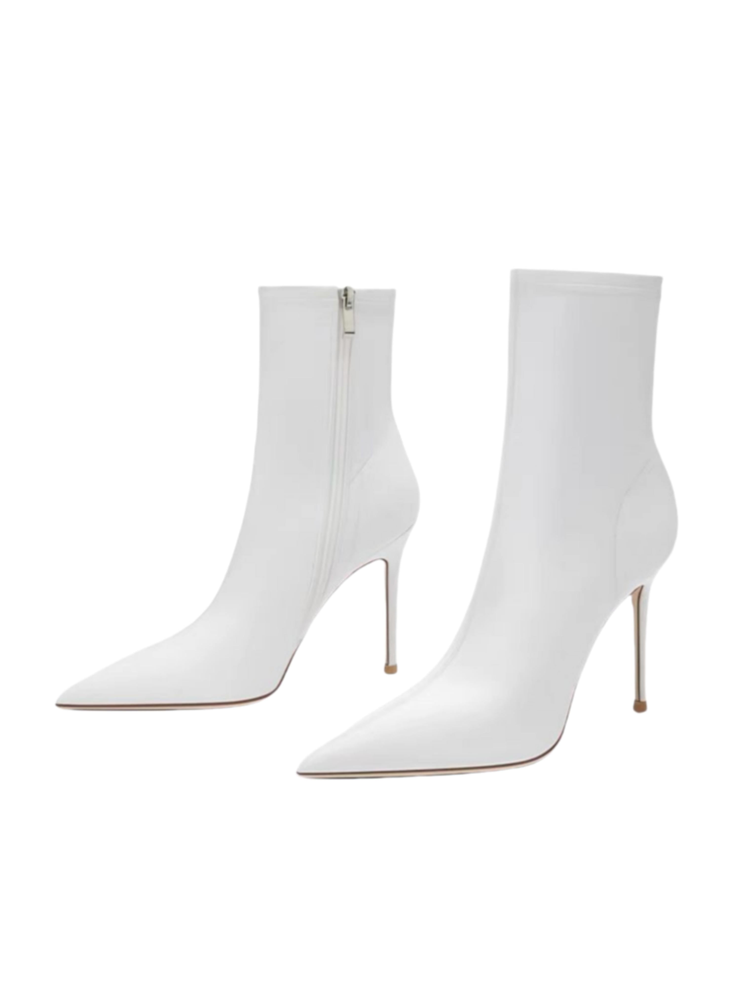 White Leather Pointed Toe High-Heel Ankle Boots