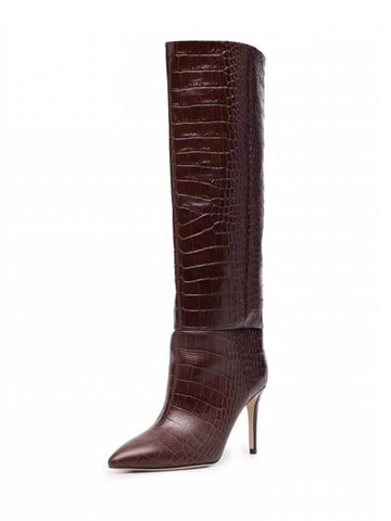 Brown Croc-Embossed Long Boots for Women