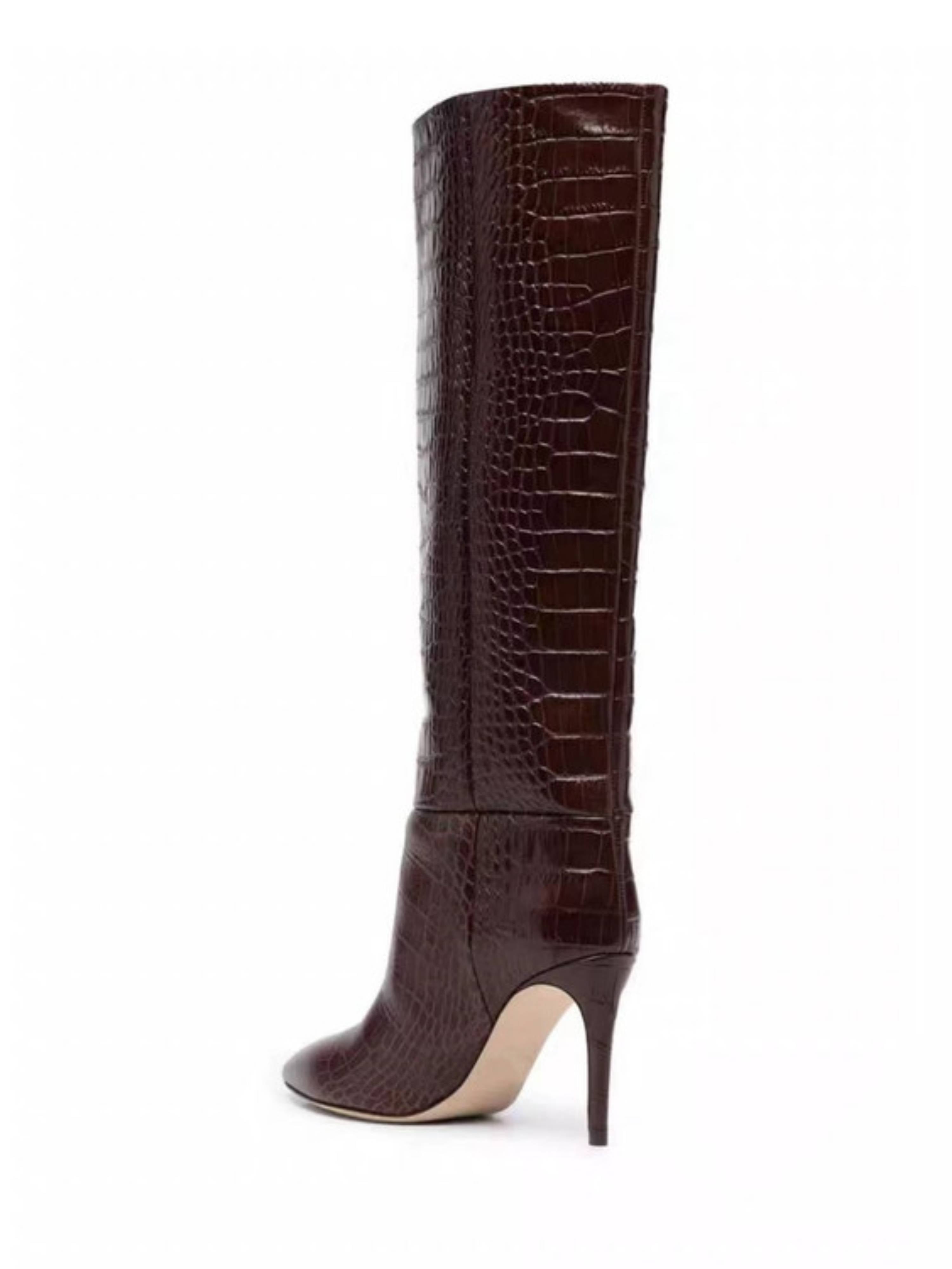 Brown Croc-Embossed Long Boots for Women