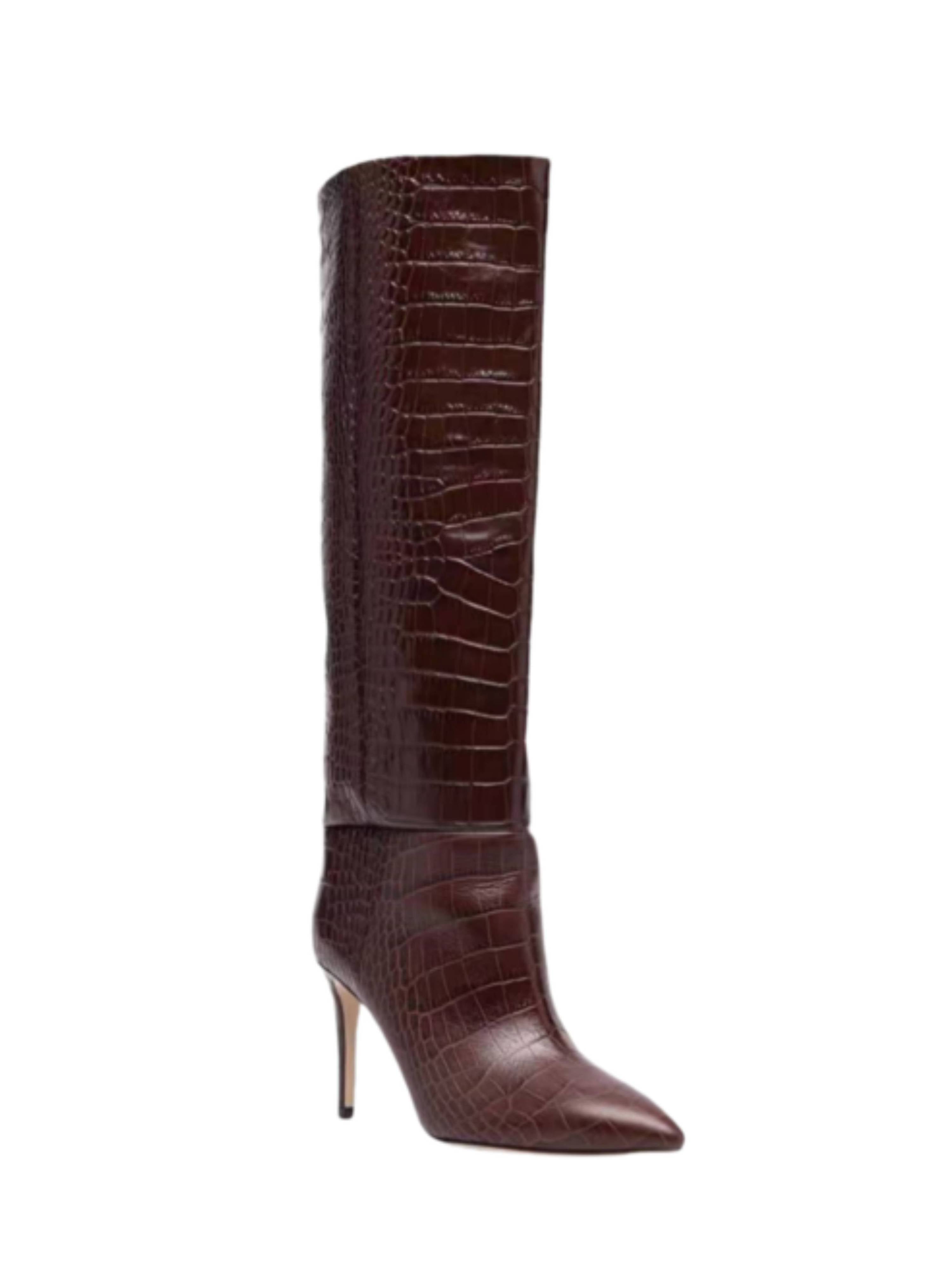 Brown Croc-Embossed Long Boots for Women