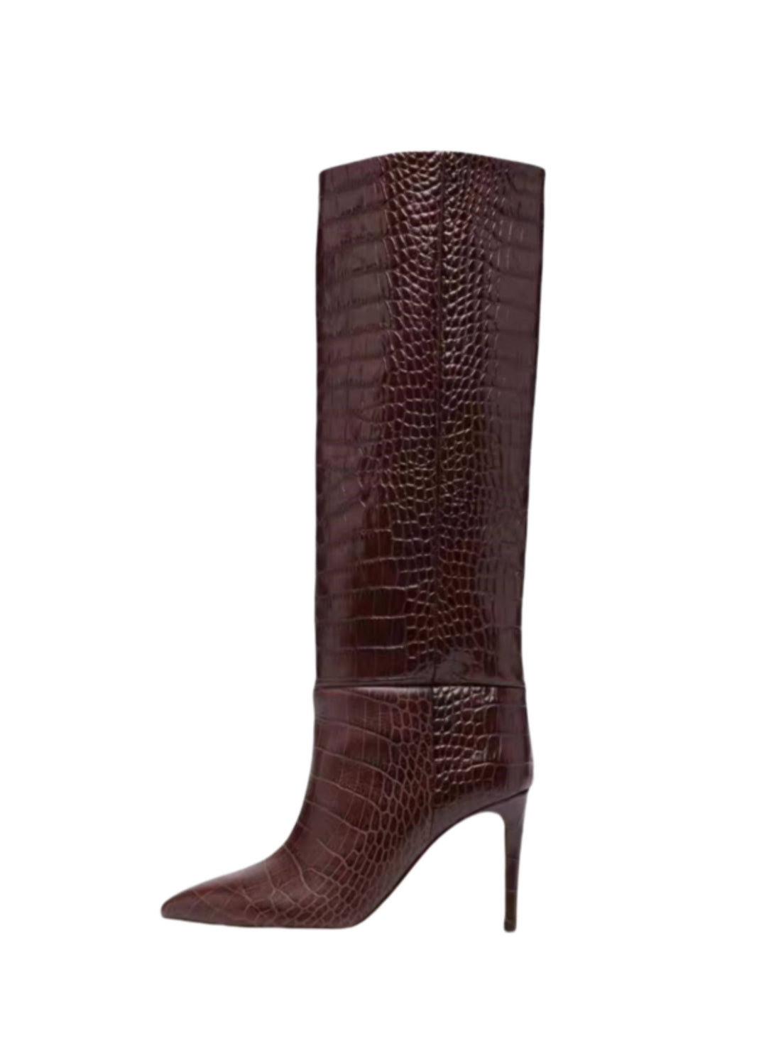 Brown Croc-Embossed Long Boots for Women
