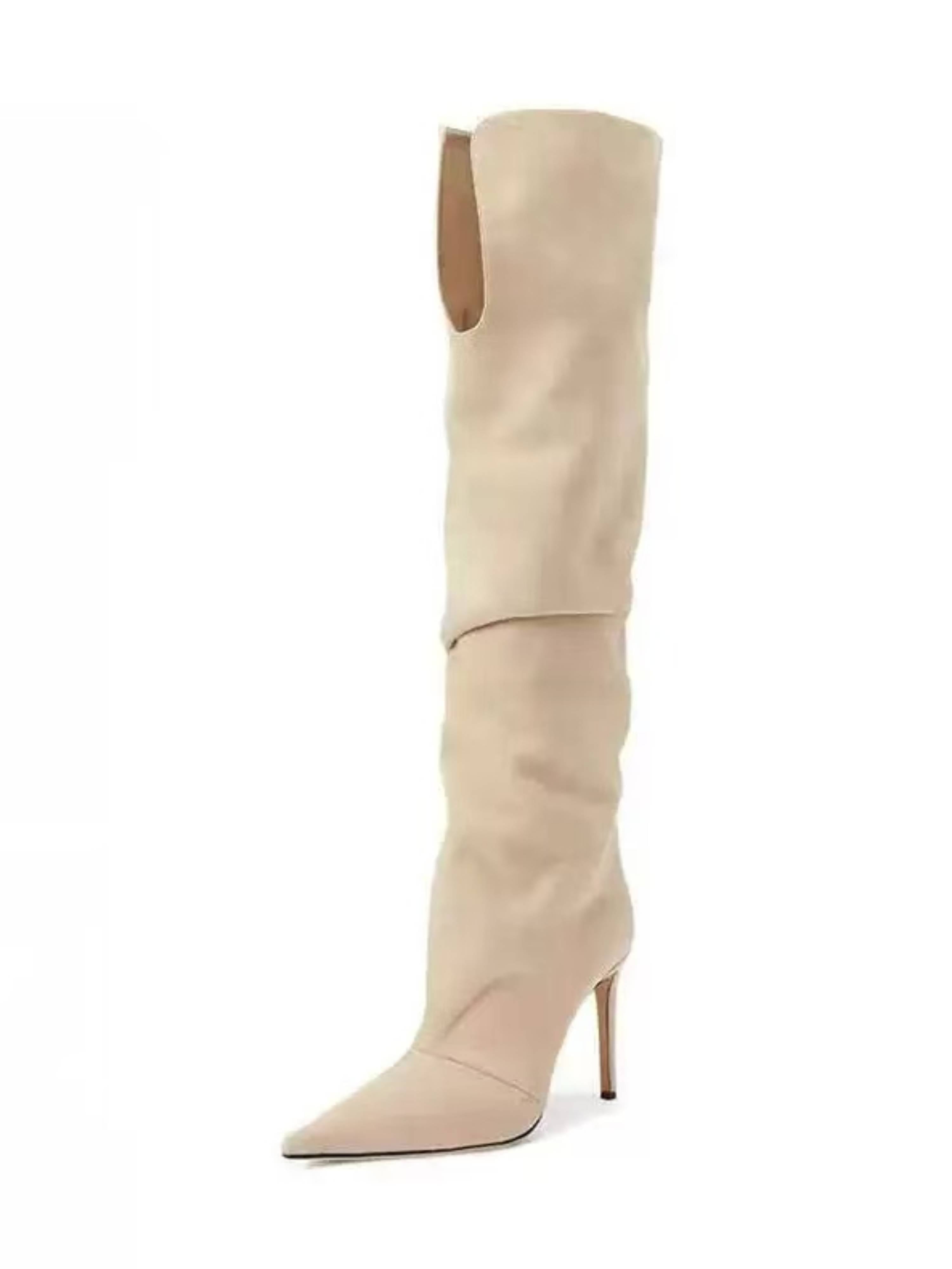 Beige Slouchy Knee-High Stiletto Boots