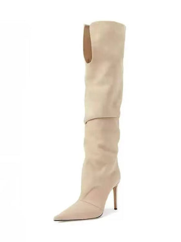 Beige Slouchy Knee-High Stiletto Boots