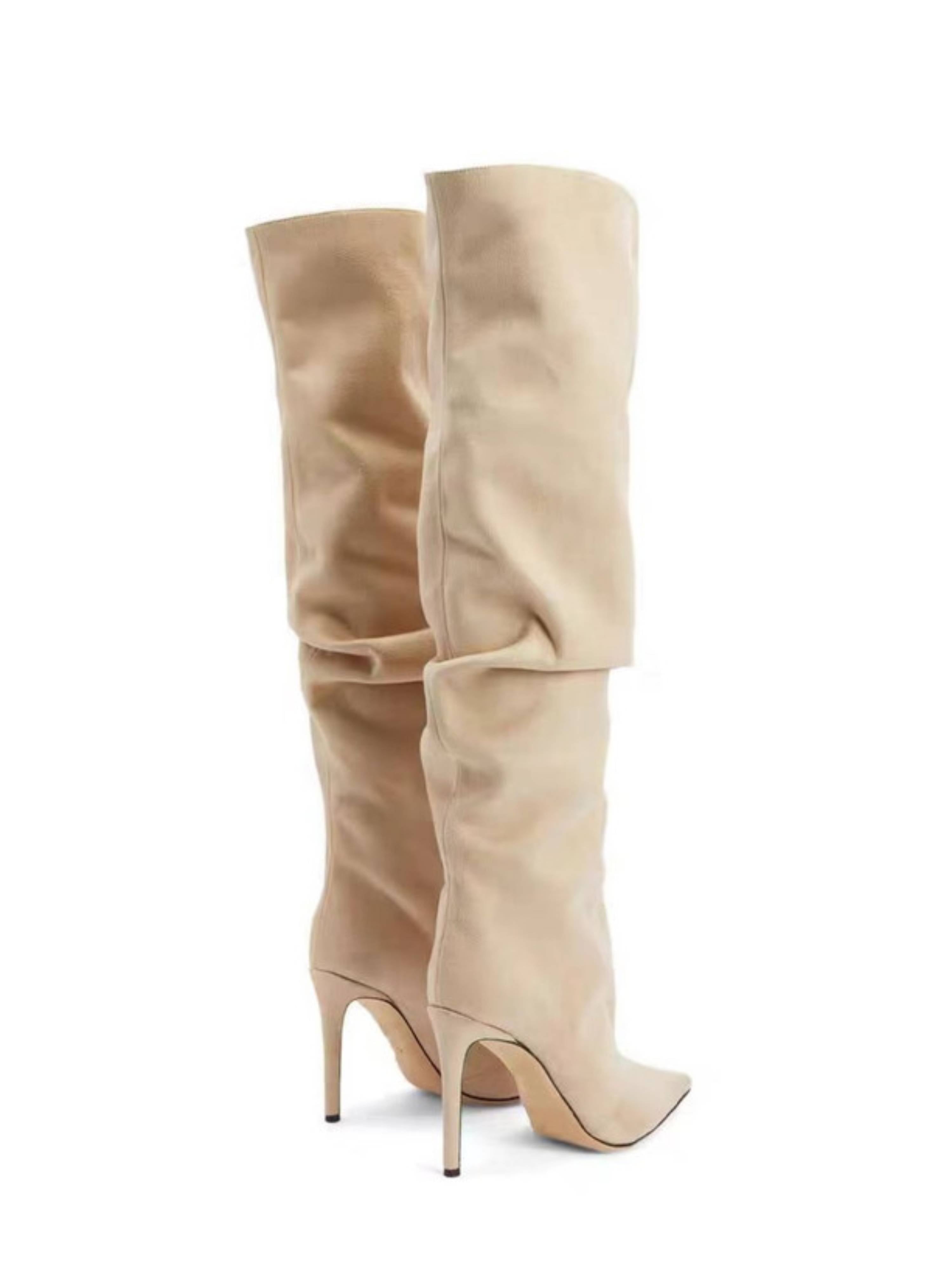 Beige Slouchy Knee-High Stiletto Boots